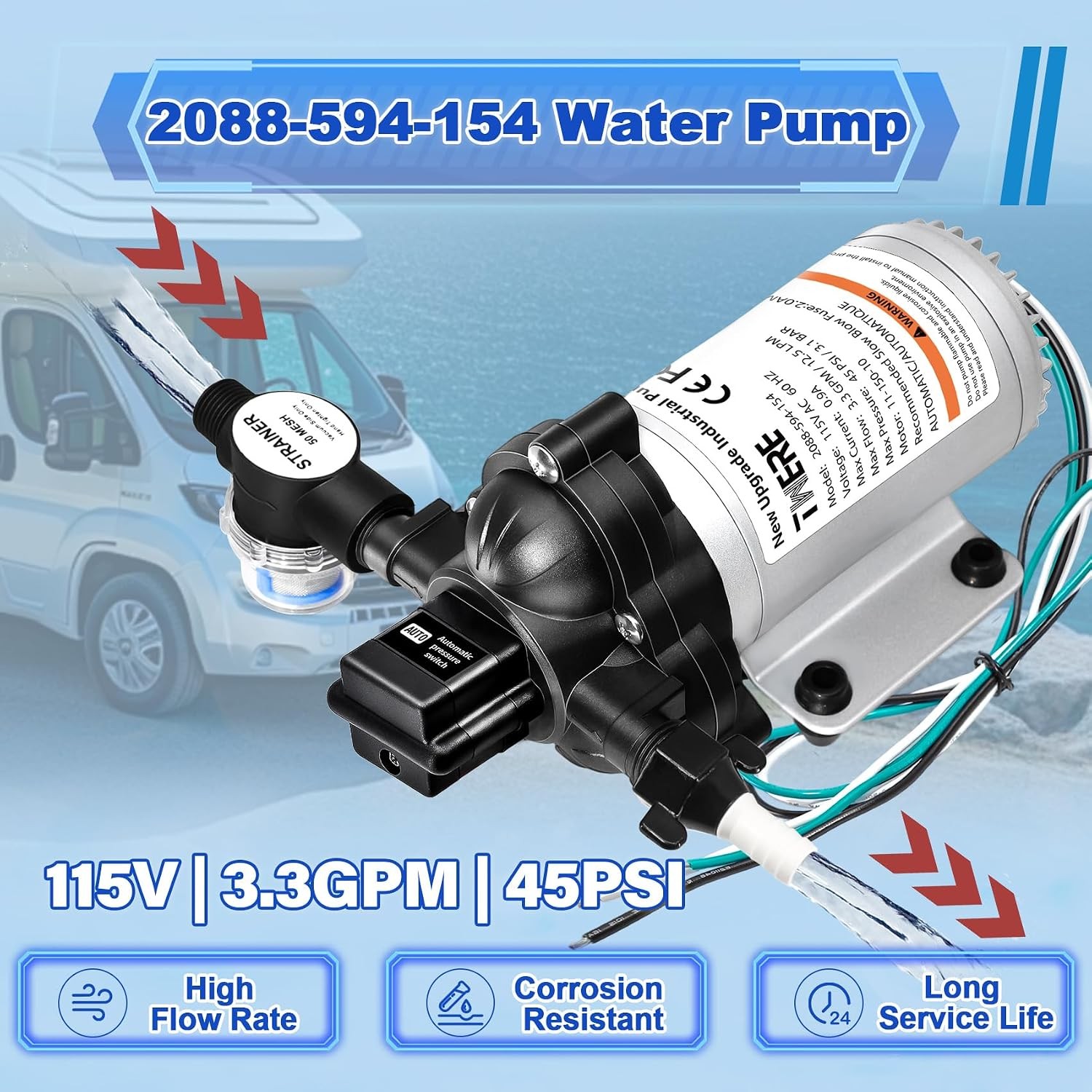 2088-594-154 Water Pump Diaphragm 115V 45PSI 198GPH For SHURFLO Motorhome 3.3GPM
