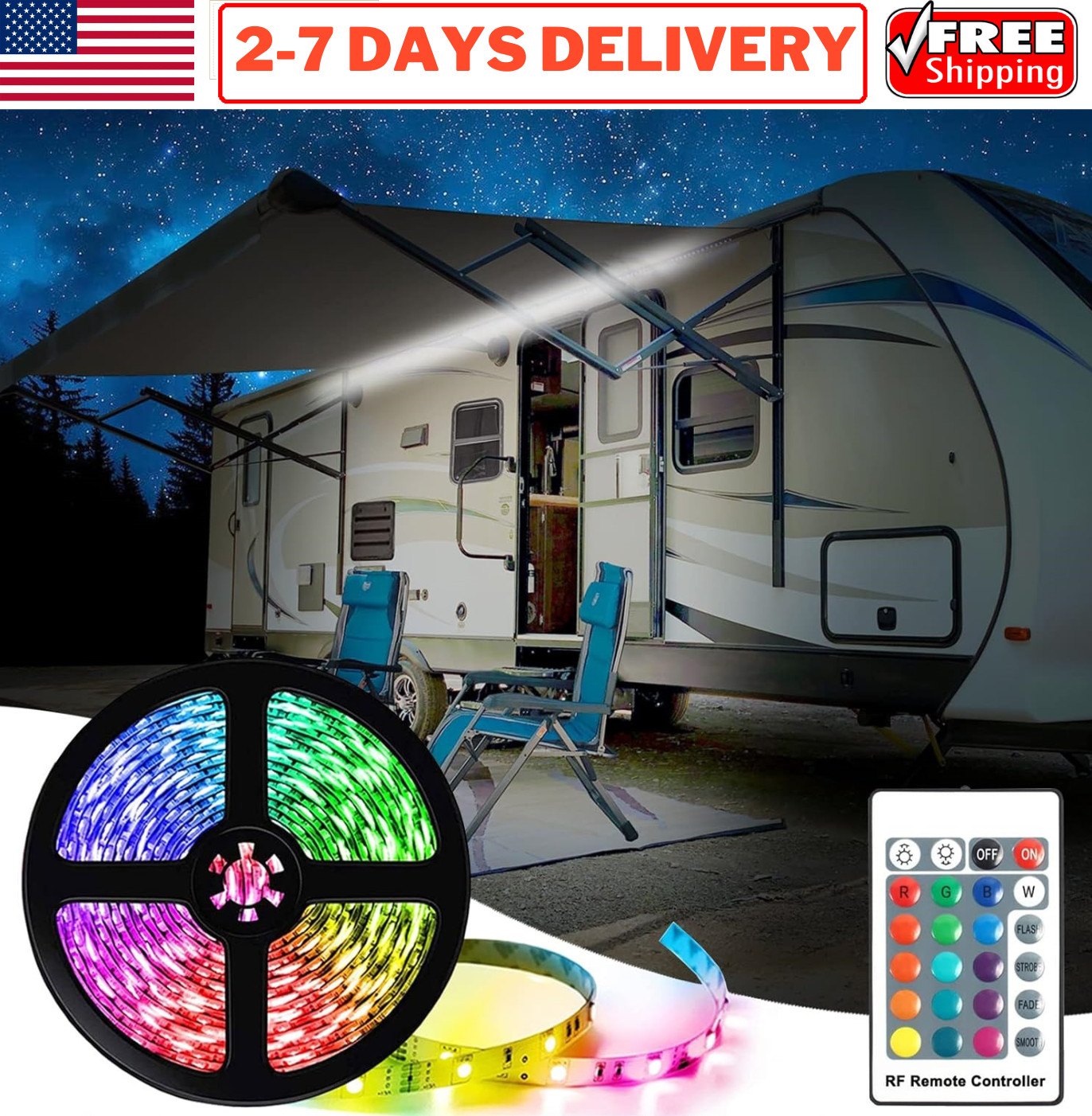 20′ LED Awning Strip Light for RV Camper Boat Truck Trailer Motorhome 12V RGB RC