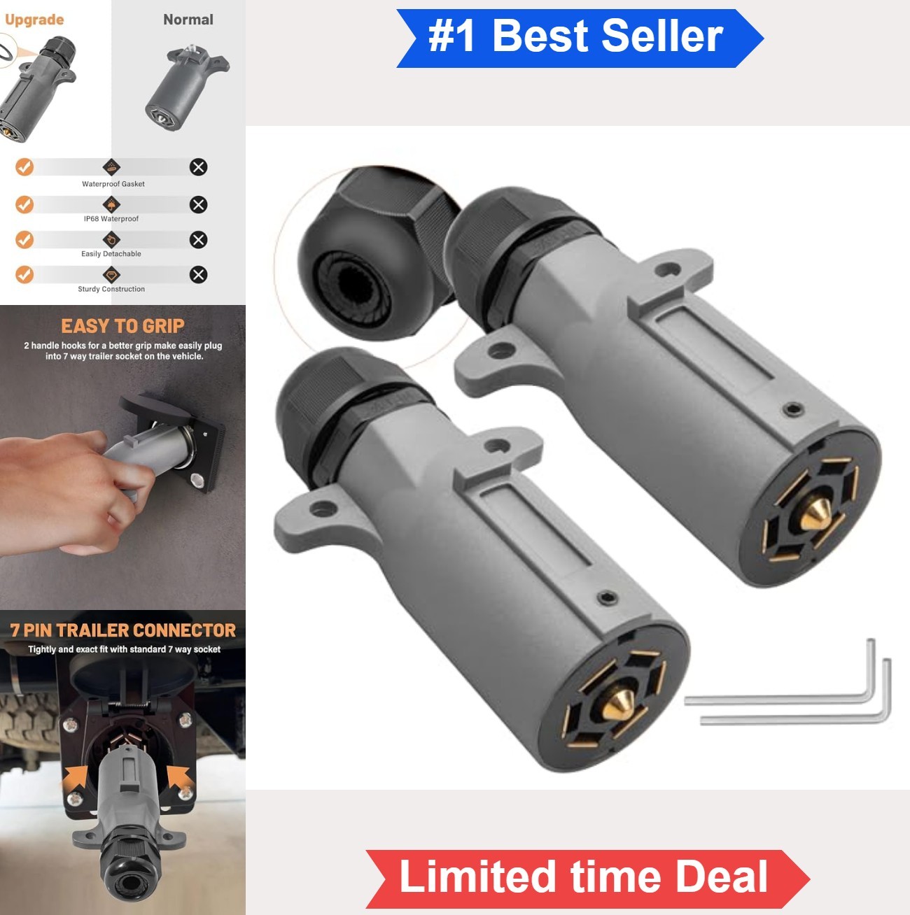 RV 7 Pin Trailer Plug IP68 Waterproof 2 Pack Detachable 7 Way RV Connector