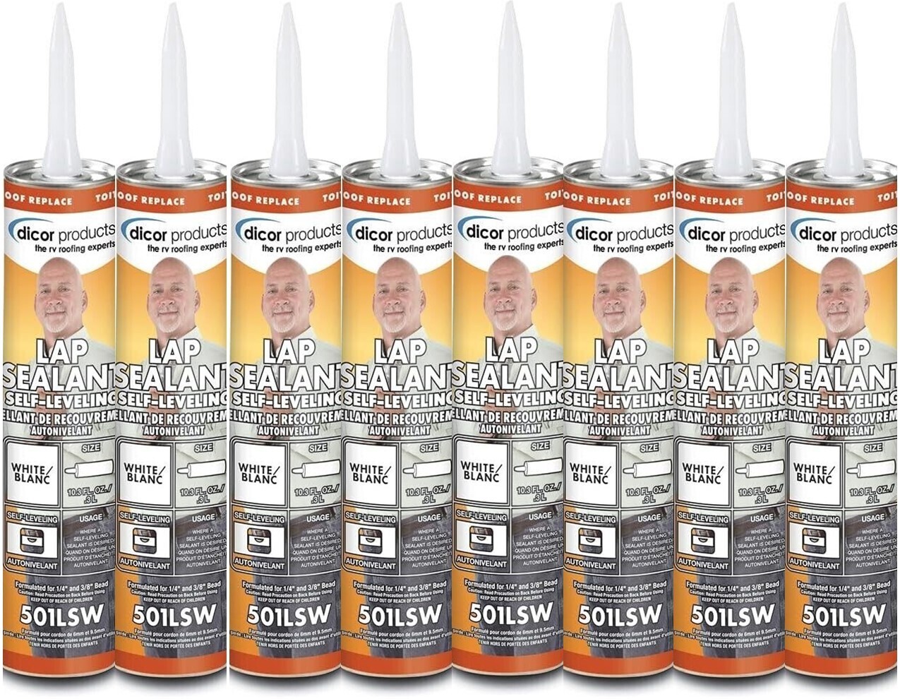 Dicor 501LSW, RV Roof Self-Leveling Lap Sealant White 10.3 Oz. Tube, Pack Of 8