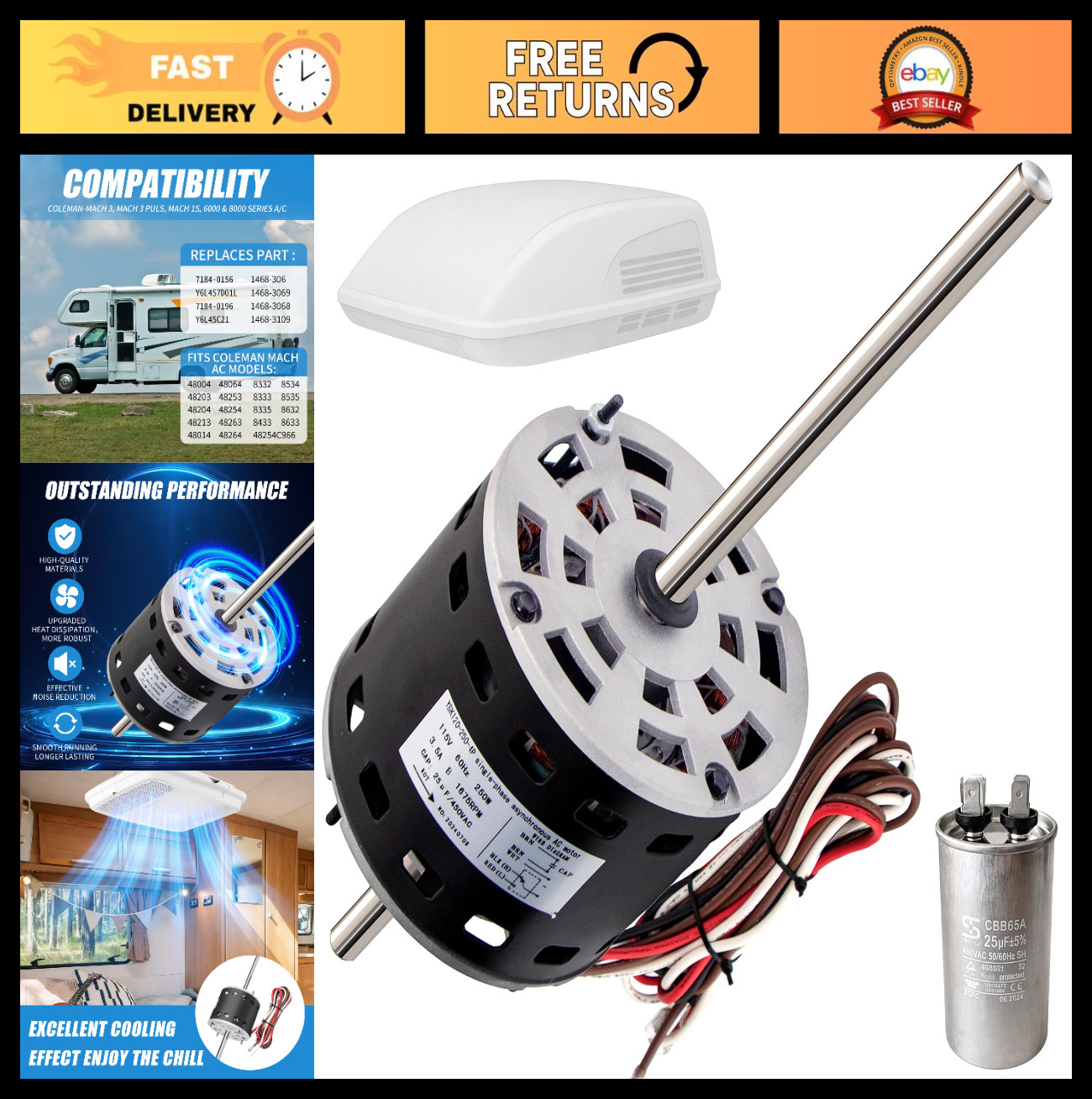High-Power RV AC Fan Motor 1/3 HP 115V 1675 RPM Replacement Compatible with Cole