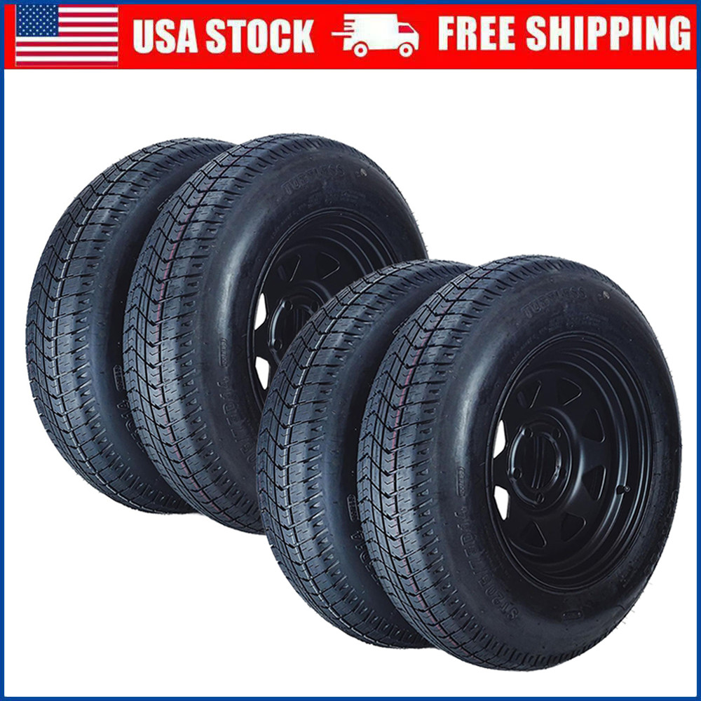 4 Pack Trailer Tire On Rim ST205/75D14 Trailer Tires Black Wheels 5 Lug on 4.5″