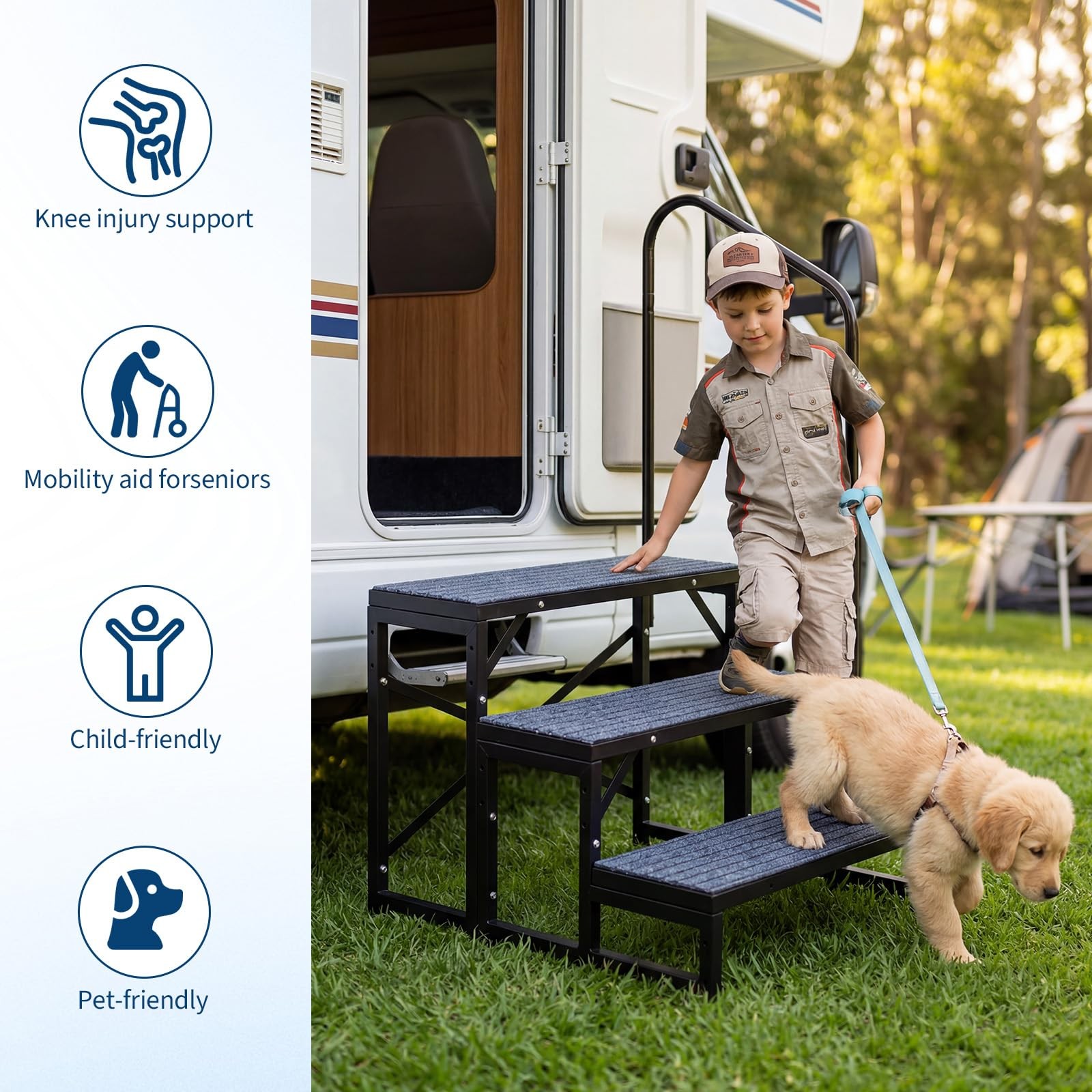 2-3 Steps RV Camper Portable Steps Outdoor Stairs w/ Handrails+Mats Non-Slip