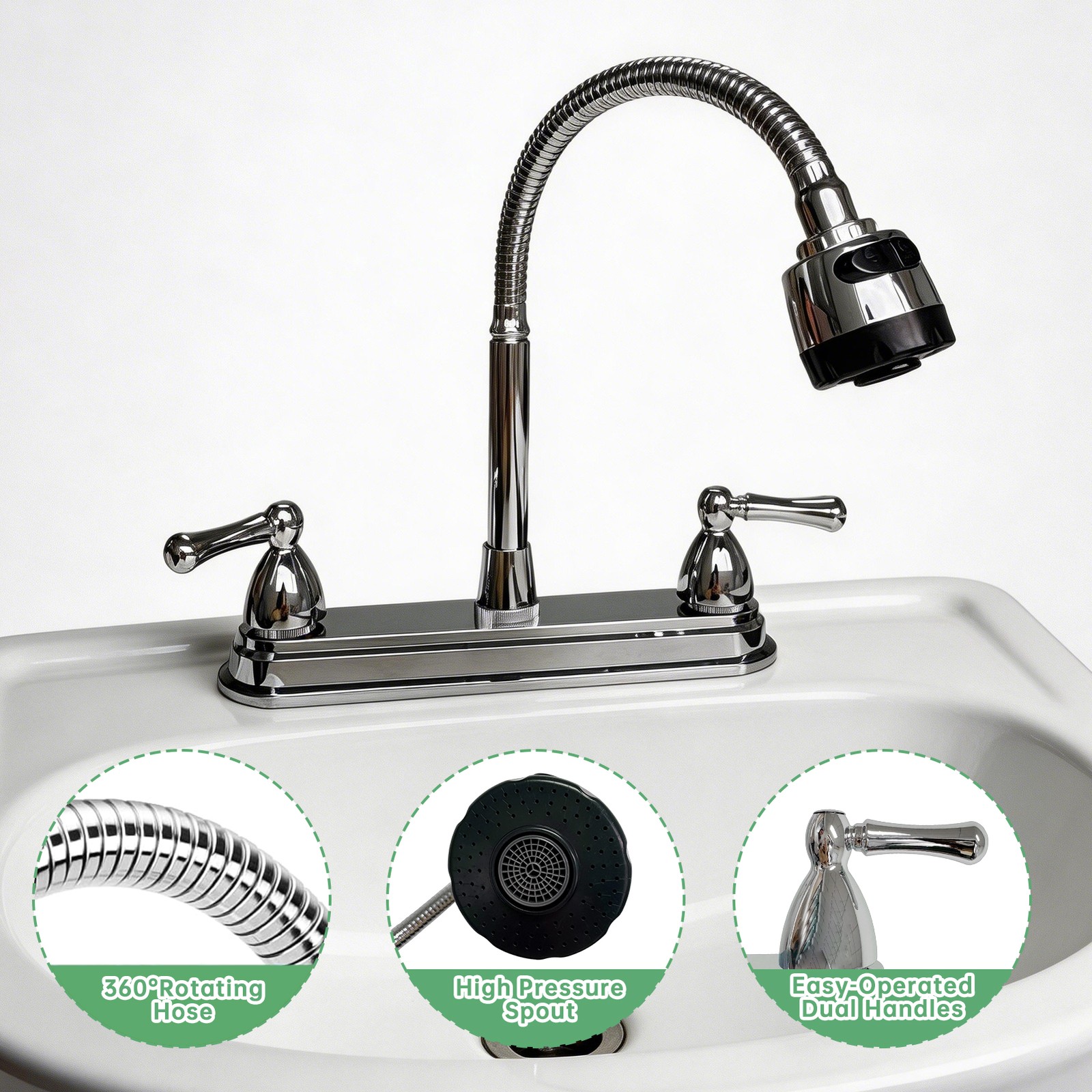 8Inch RV Kitchen Sink Faucet Pull Down/Out Sprayer Swivel Mixer Taps For Home RV
