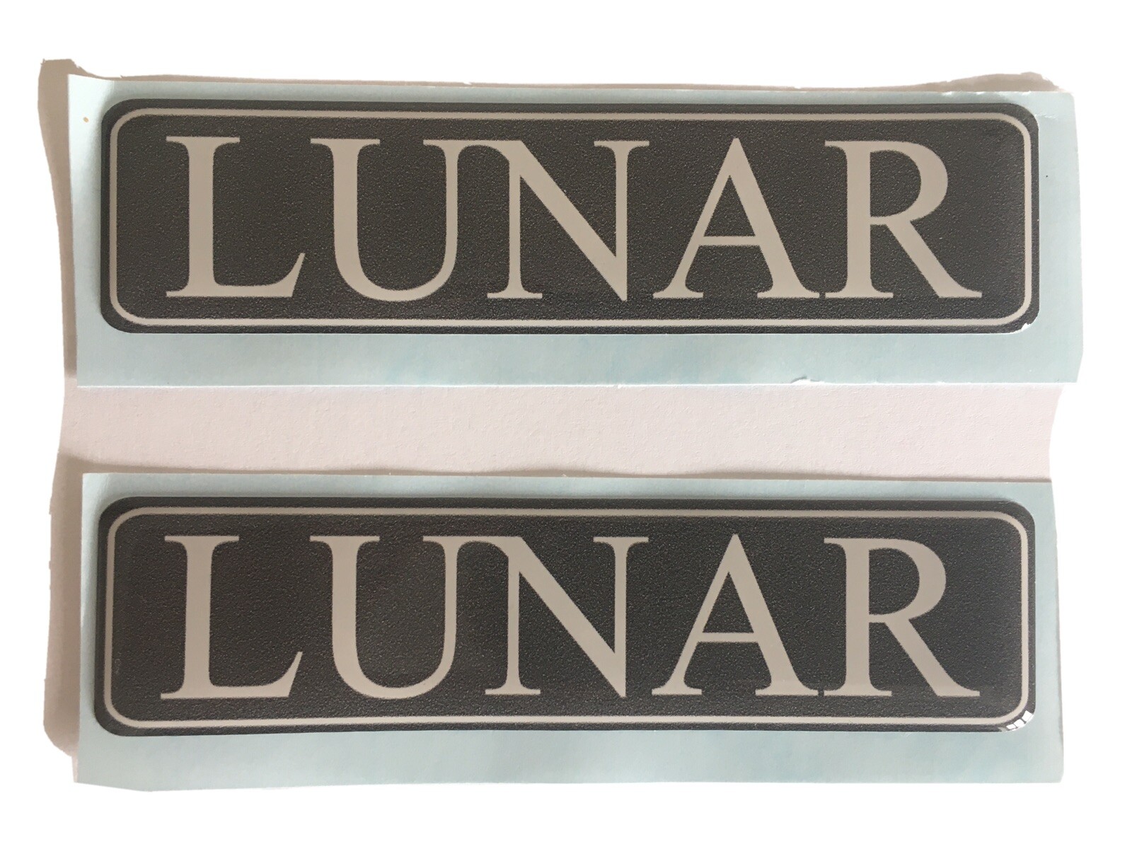 LUNAR CARAVAN MOTORHOME RECTANGLE BADGES DOMED RESIN GREY WHITE X2 HIDE DENT COV