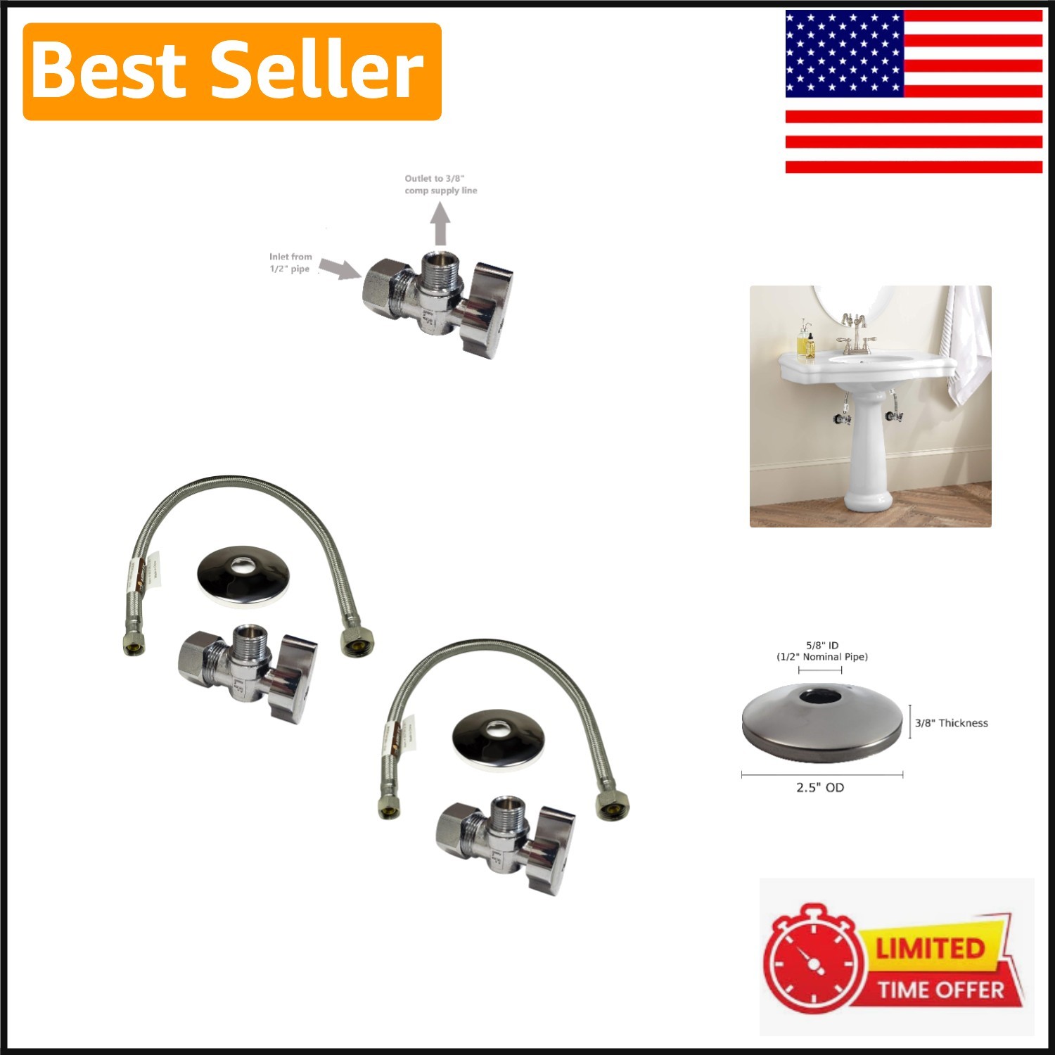 Faucet Shut-Off Valve & Supply Line Set – 20” Stainless Steel, 2 Pack for Homes
