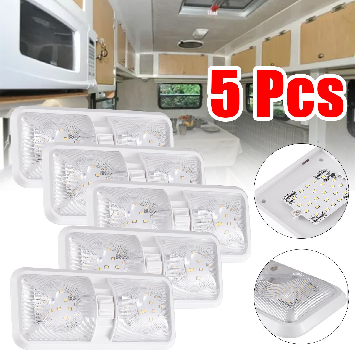 5Pcs 12V LED RV Ceiling Double Dome Light RV Interior Lighting Trailer Camper