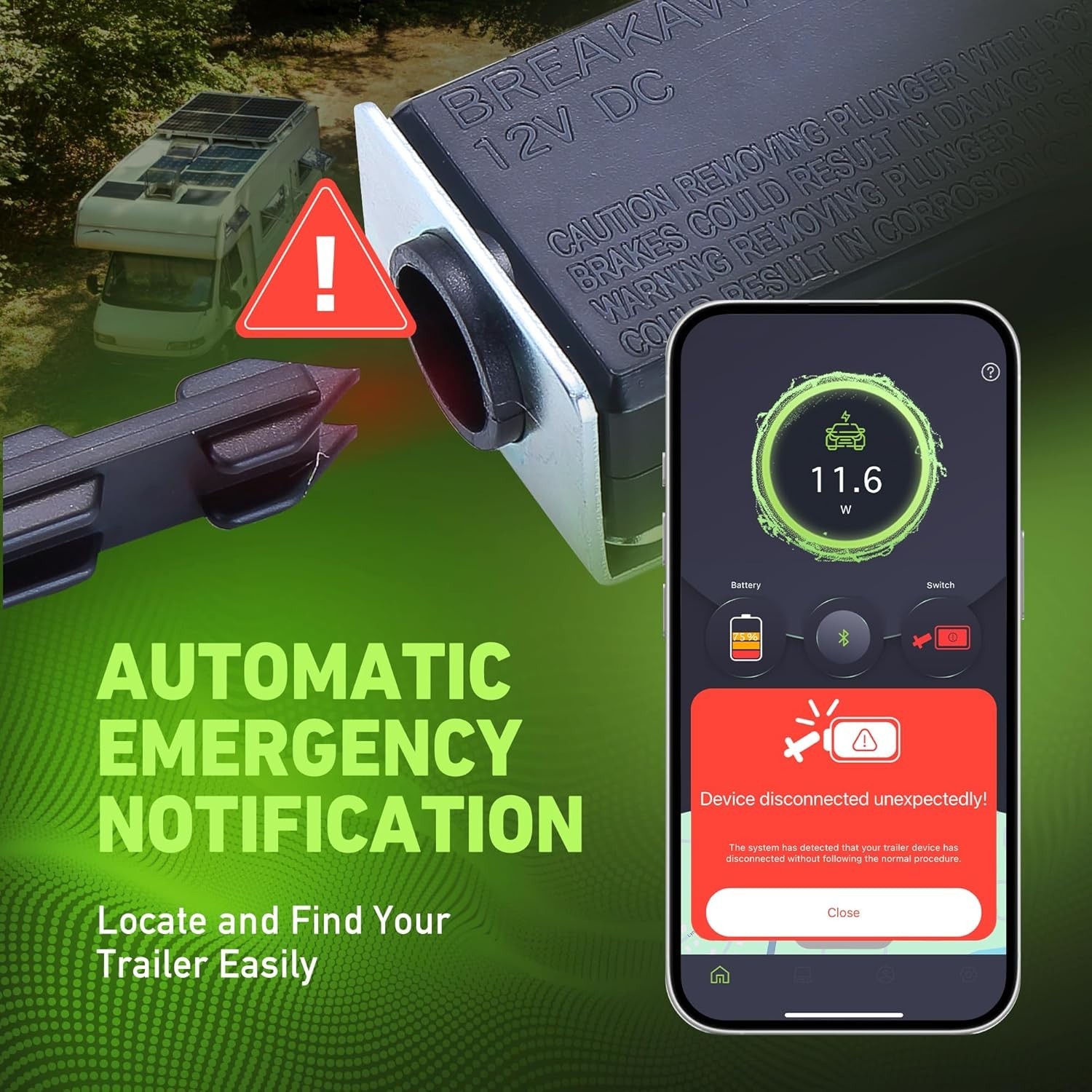 Helios 88211 Trailer Breakaway Kit with LED Indicator WITH BATTERY & Mobile App