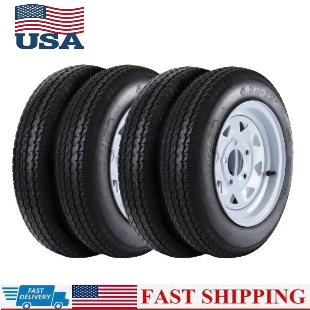 4 pack 990 Pounds 480-12 4.80-12 Trailer Tires with 12” Rims 5 Lug on 4.5” NEW