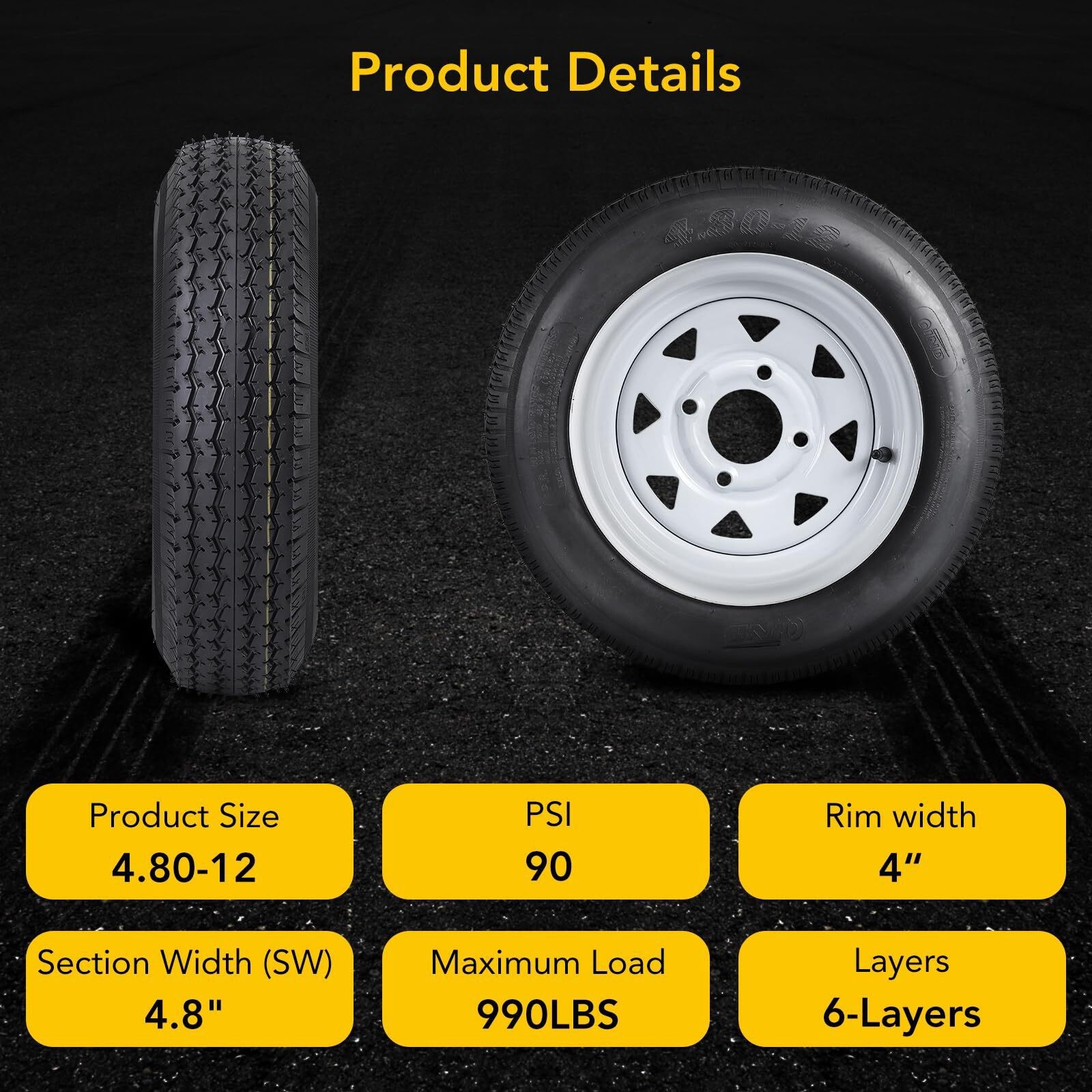 Pack of 2 Trailer Tire & Wheel Assemblies 4.80-12 with 12″ Rims 4 Lug on 4”