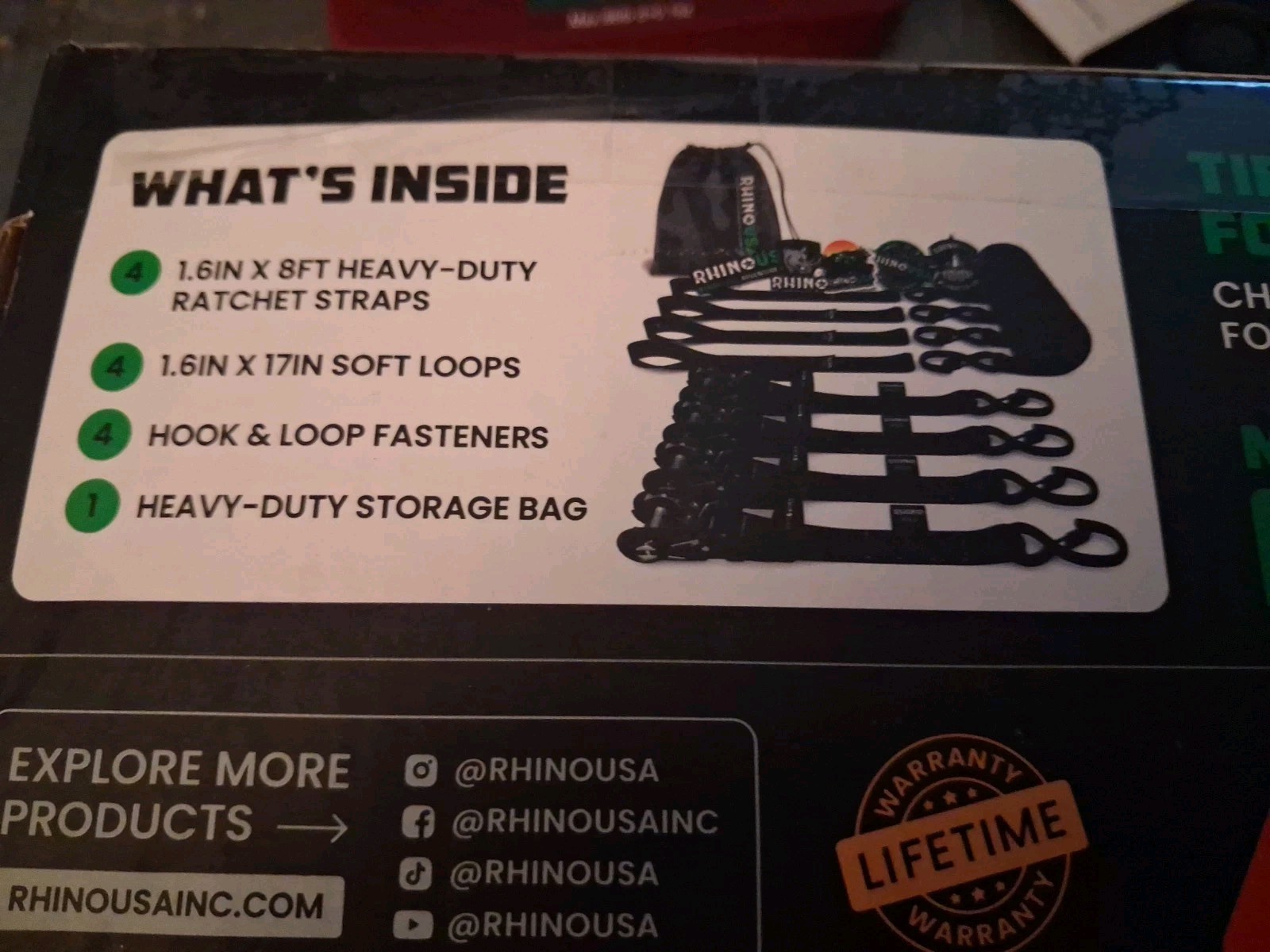 RHINO USA Heavy Duty KIT 4-PACK 1.6″ x 8′ Ratchet Tie-Down Straps