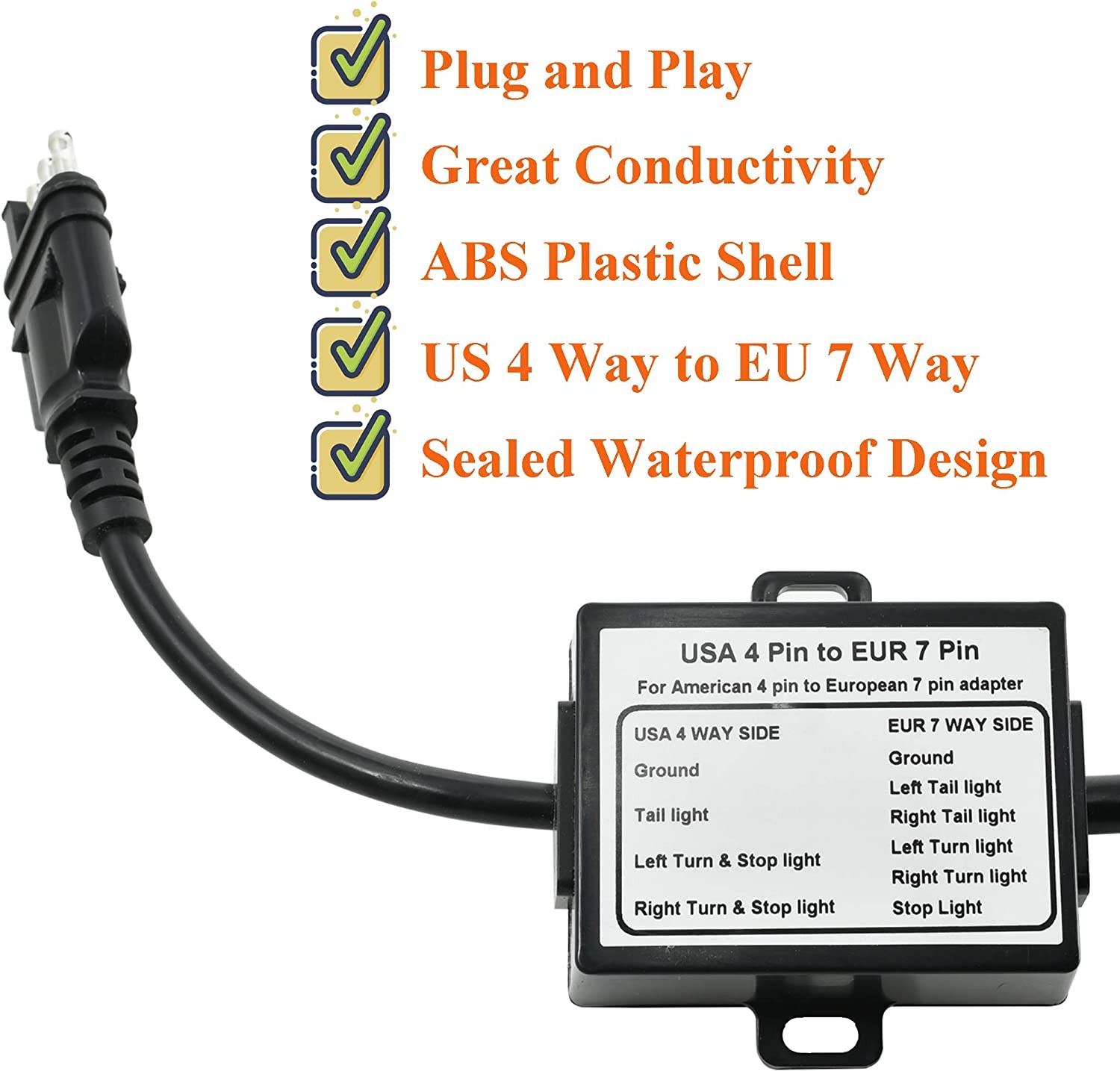 US 4-Pin Flat Plug to EU-7 Way Trailer Tow Light Wire Harness Adapter For RV SUV