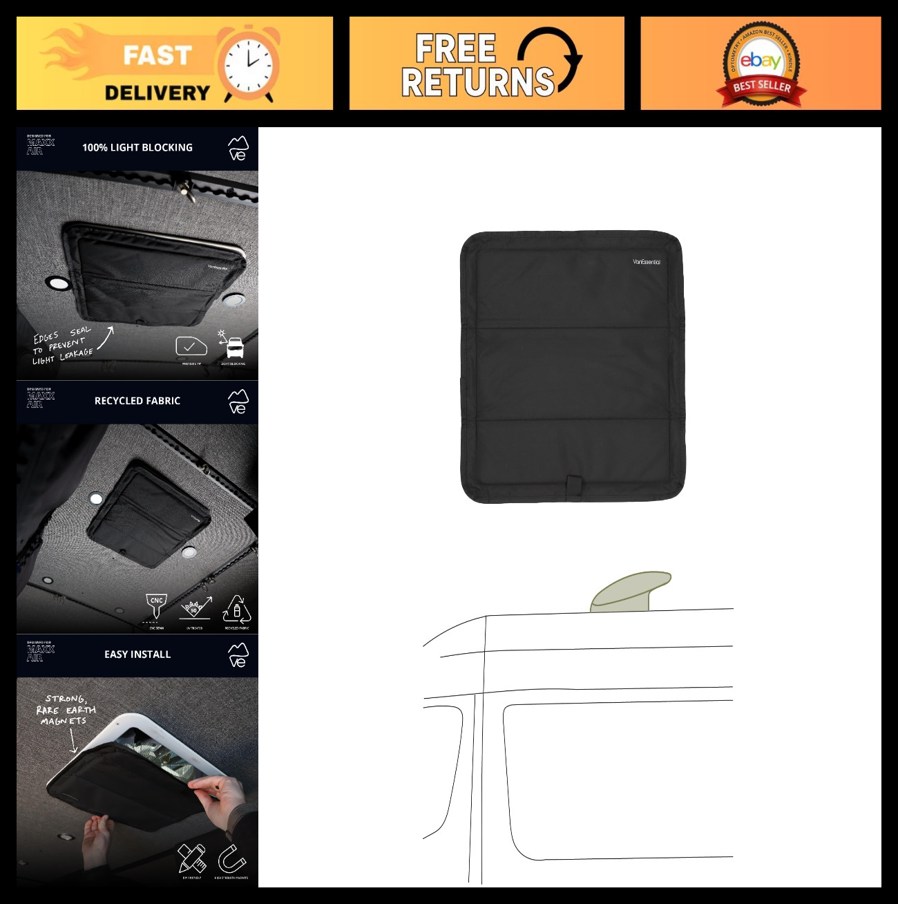 Magnetic Insulated Blackout Roof Vent Cover for 16.5″ x 16.5″ Fans – Black