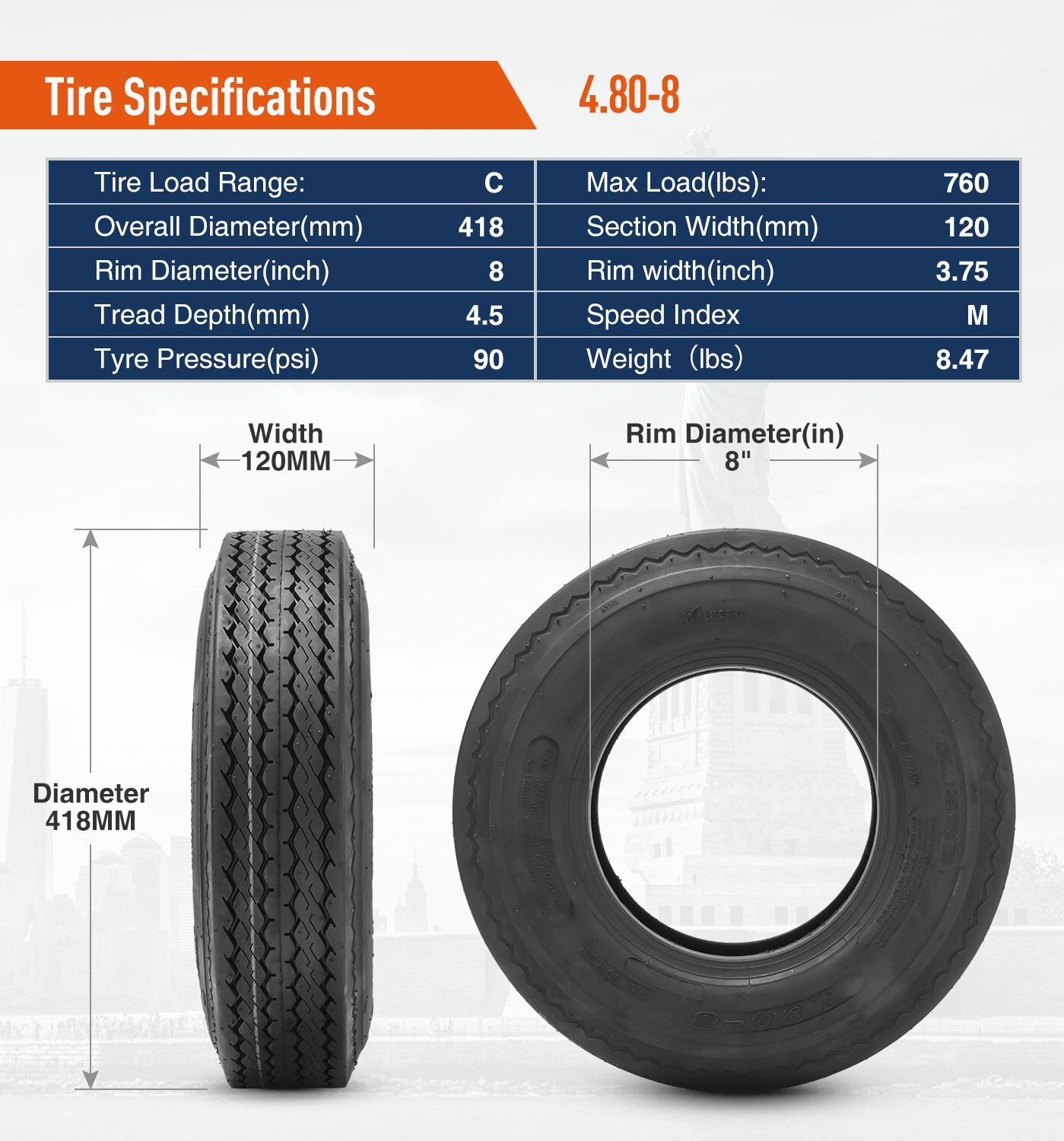 Set 2 4.80-8 Trailer Tires 6Ply 4.80×8 480-8 4.80/8 Heavy Duty Replacement Tyres