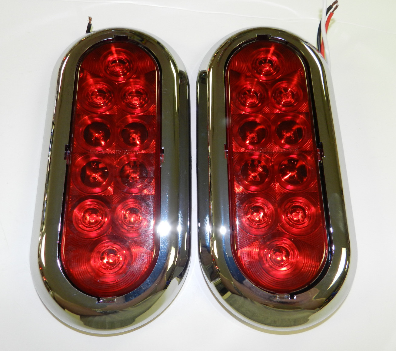 (2) 6″ CHROME Trailer Truck RED LED Surface Mount Oval Stop Turn Tail Light