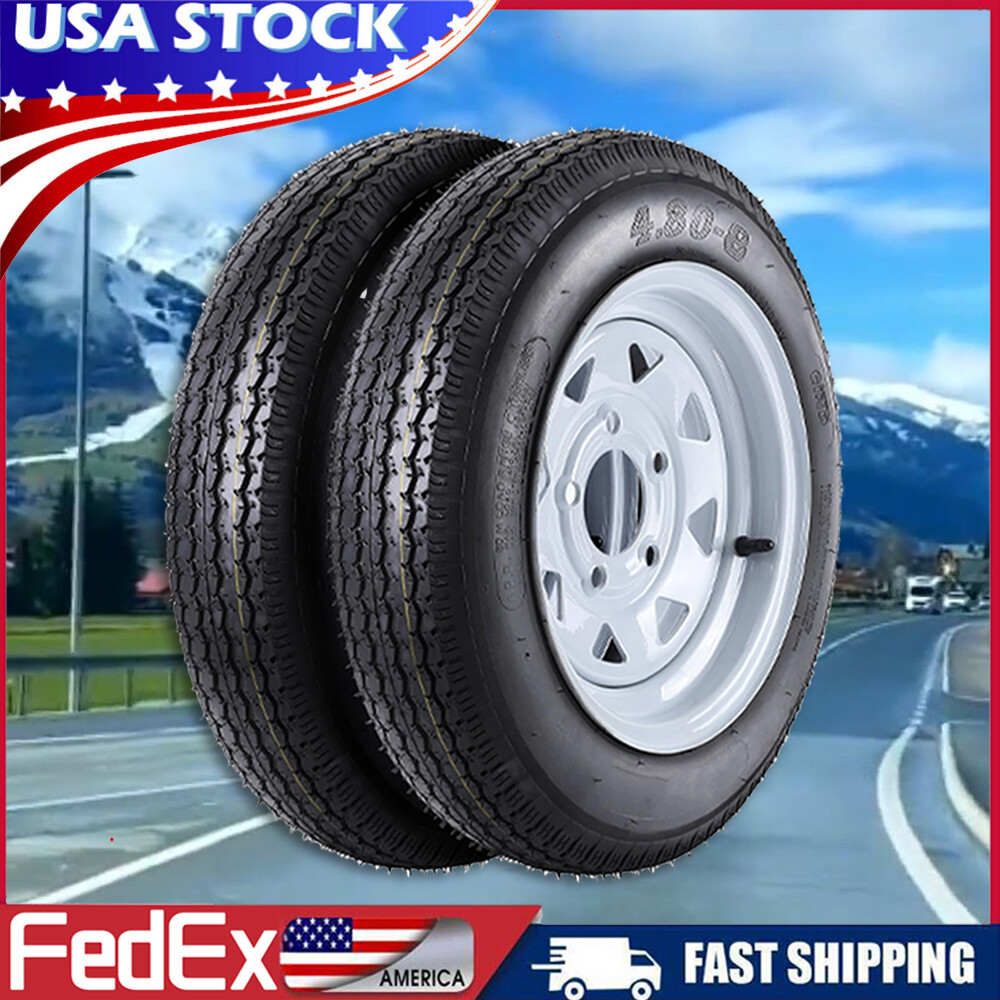2 Set 4.80-8 4.80×8 480-8 Trailer Tires with Rims 5 Lug on 4.5″ and White Wheels