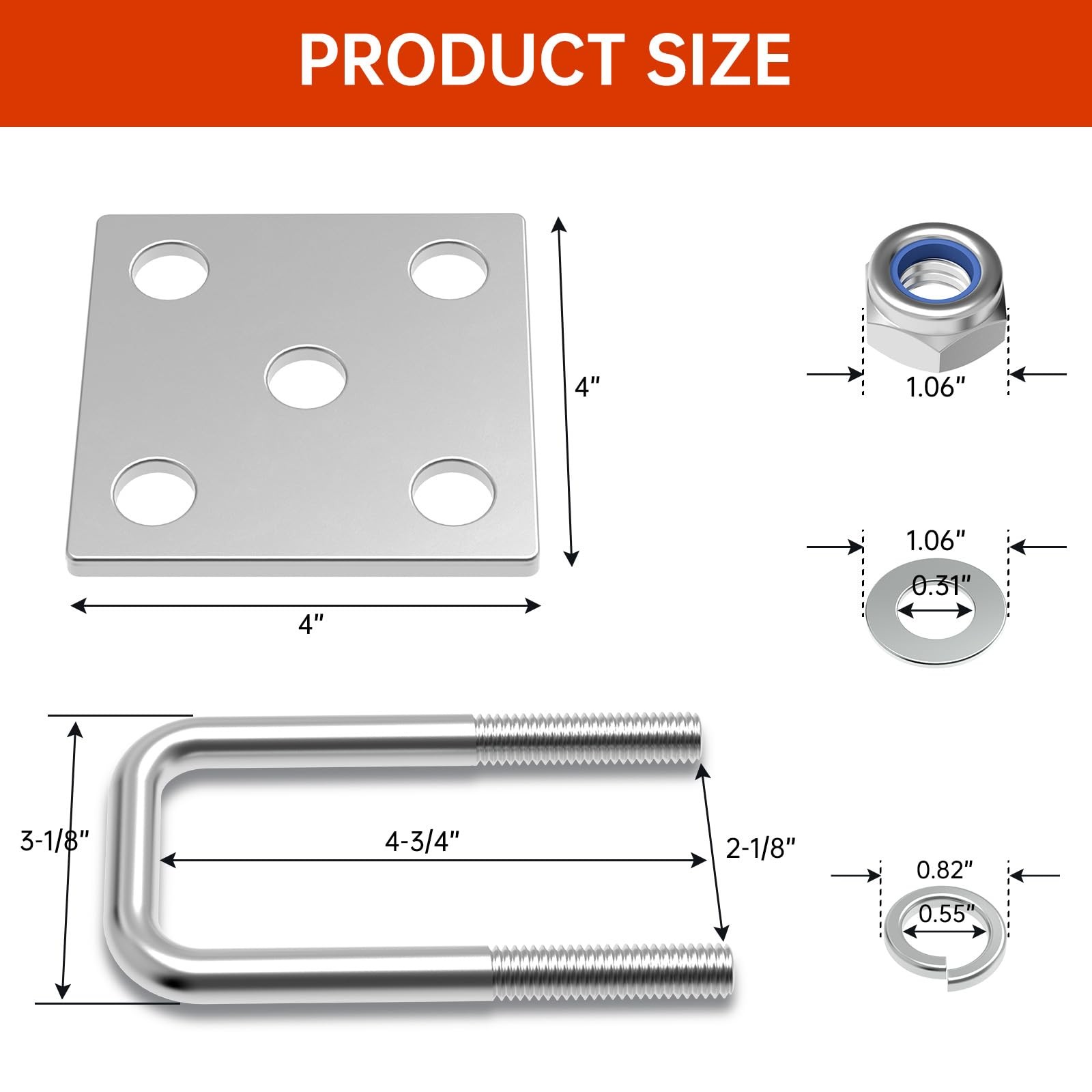Square U-Bolt Kit for Boat Trailer Mounting Axle Leaf 2″ W x 5″ L, Zinc