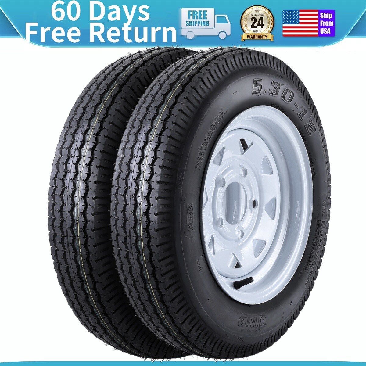 2pack Trailer Tires 5.30-12 5.30×12 530-12 530 12 with 12″ Rims 5 Lug on 4.5″