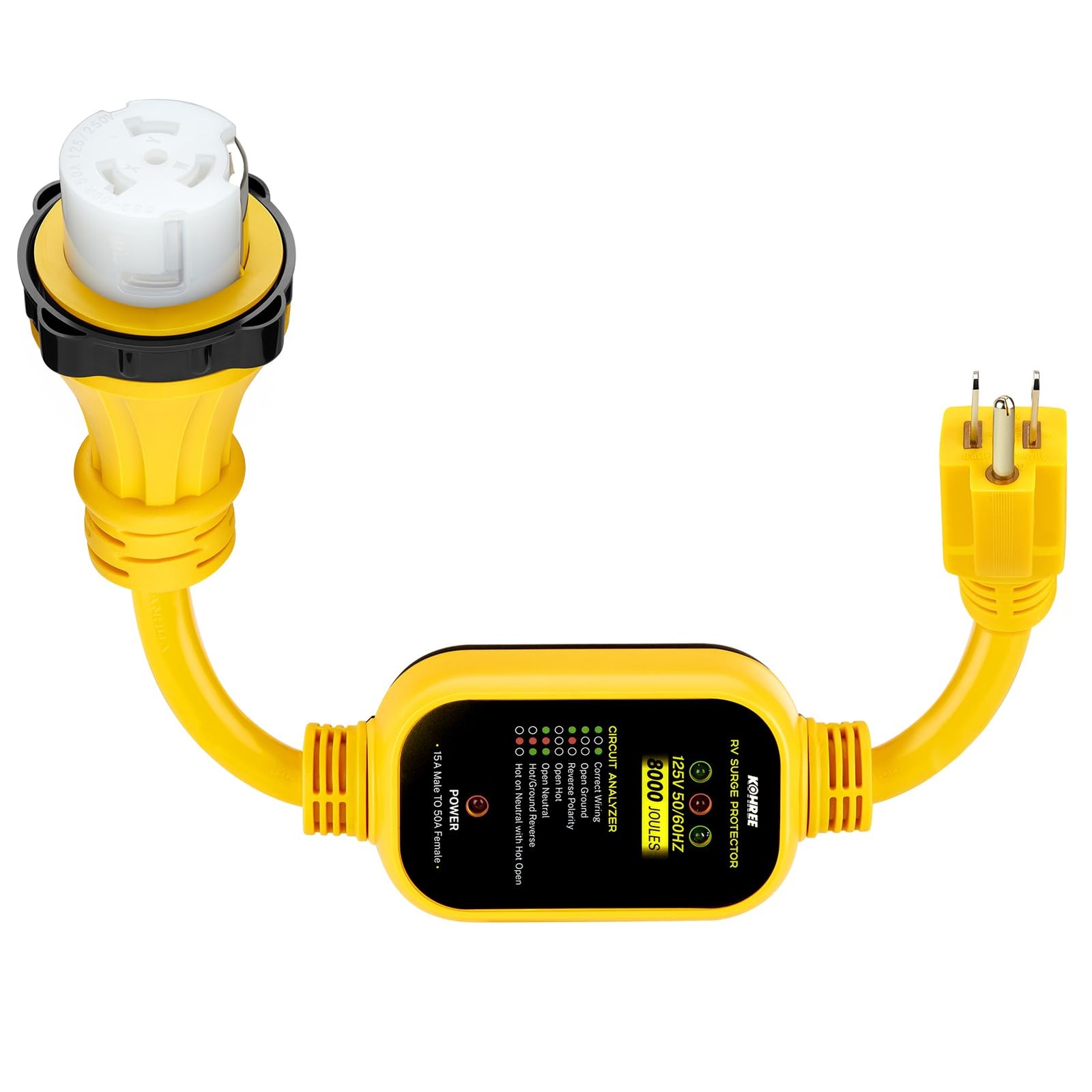 Kohree 50 Amp to 110V RV 15M/50F 21″ (Surge Protector, LED Indicator), Yellow