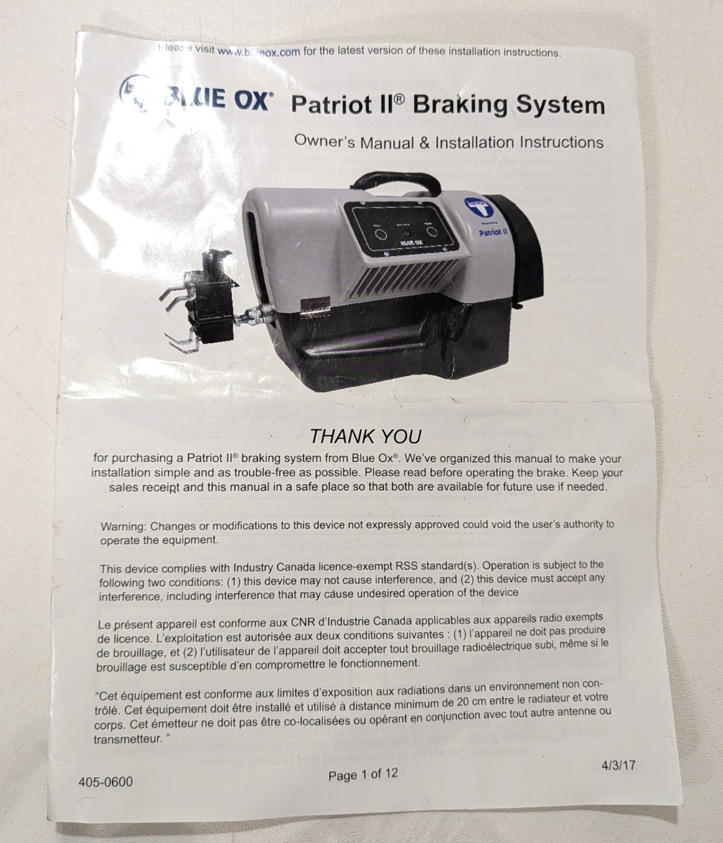 Blue Ox BRK2016 Patriot II Auxiliary Car RV Braking System UNTESTED NO REMOTE