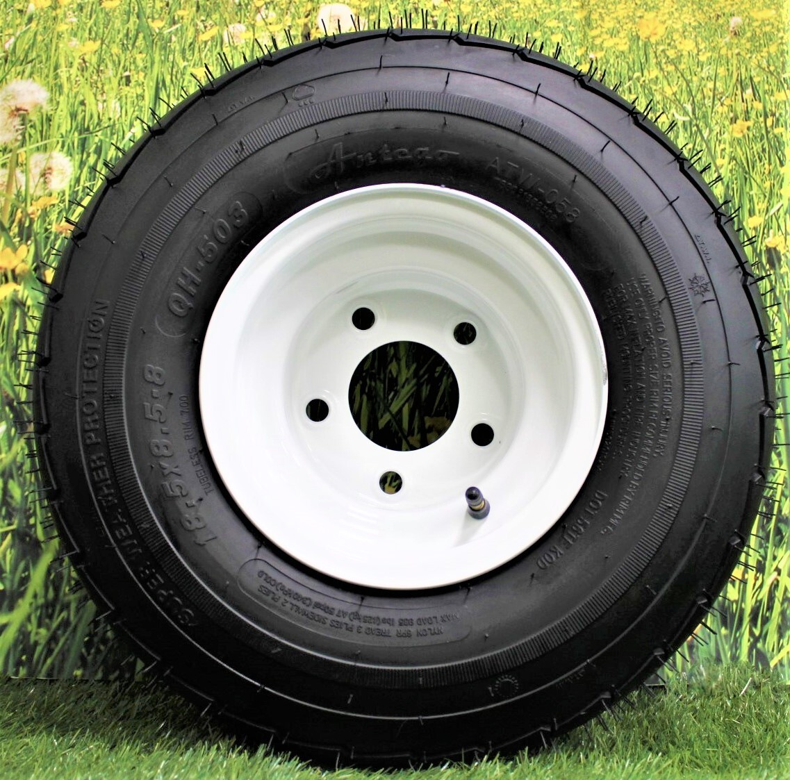 Antego 5-hole 8″ x 7″ White Trailer Wheel & Tire 215/60-8 (18.5×8.50-8) Single