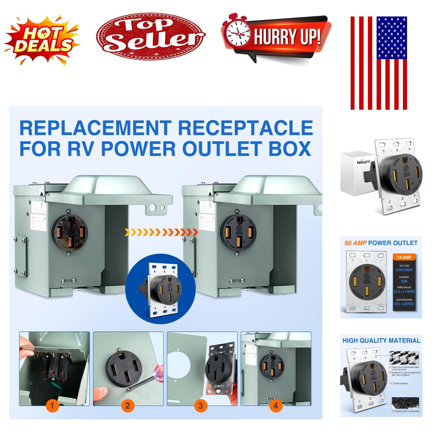 Heavy Duty 50A RV Power Outlet NEMA 14-50R – Flush Mount Receptacle for Campe…