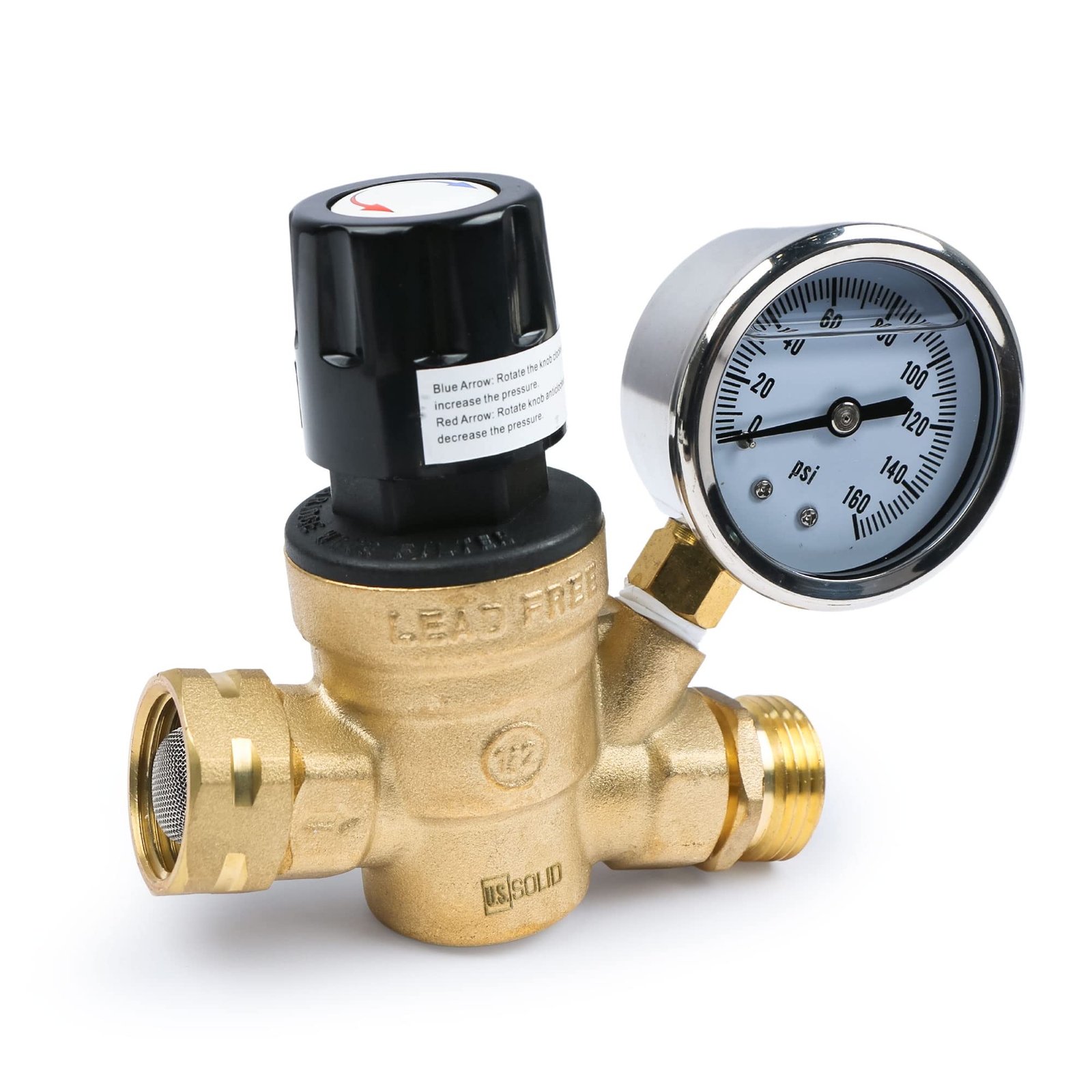 U.S. Solid RV Water Regulator Valve 3/4 inch NH Thread Brass Hand Adjustable