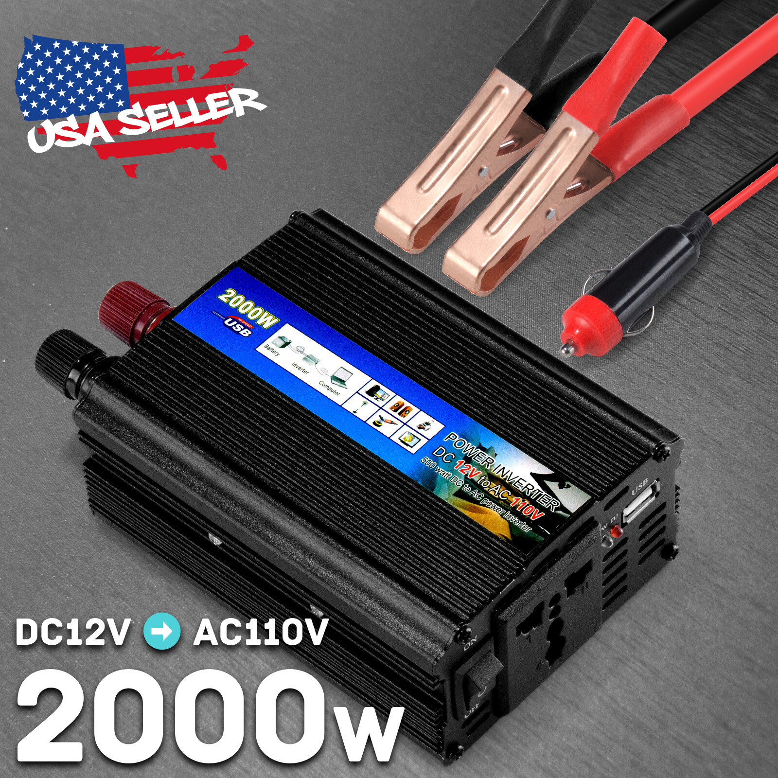 2000W Solar Power Inverter DC 12V To AC 110V AC Outlets Car Pure Sine Converter