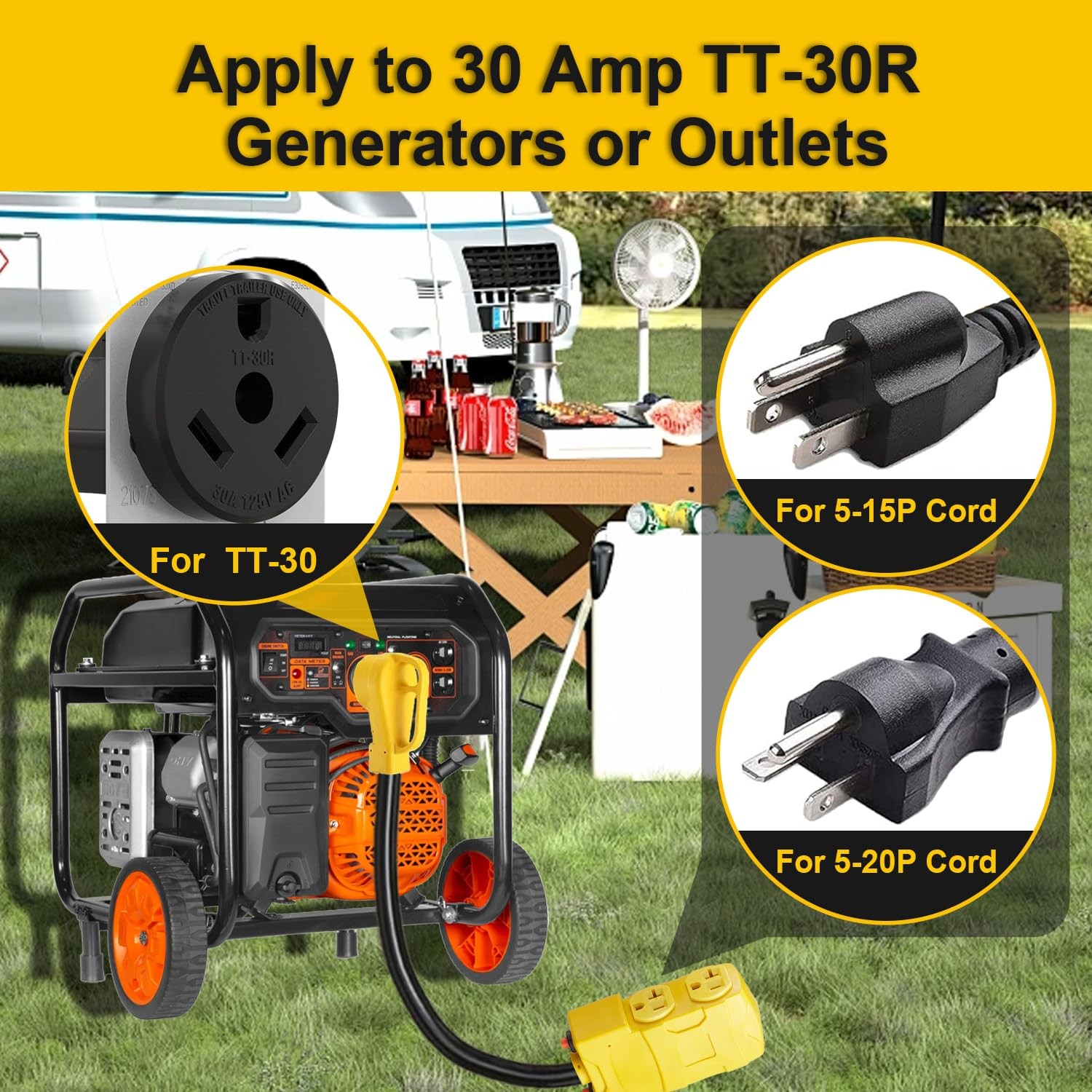 Suplevel 30 Amp to 20 RV/Generator Distribution Adapter 1.5 FT, Yellow