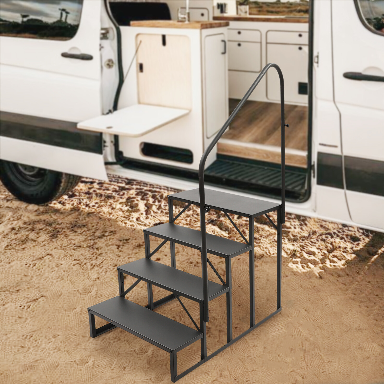 4 Steps Ladder RV Step w/ Handrails Mobile Home Stairs for Travel Trailer Camper