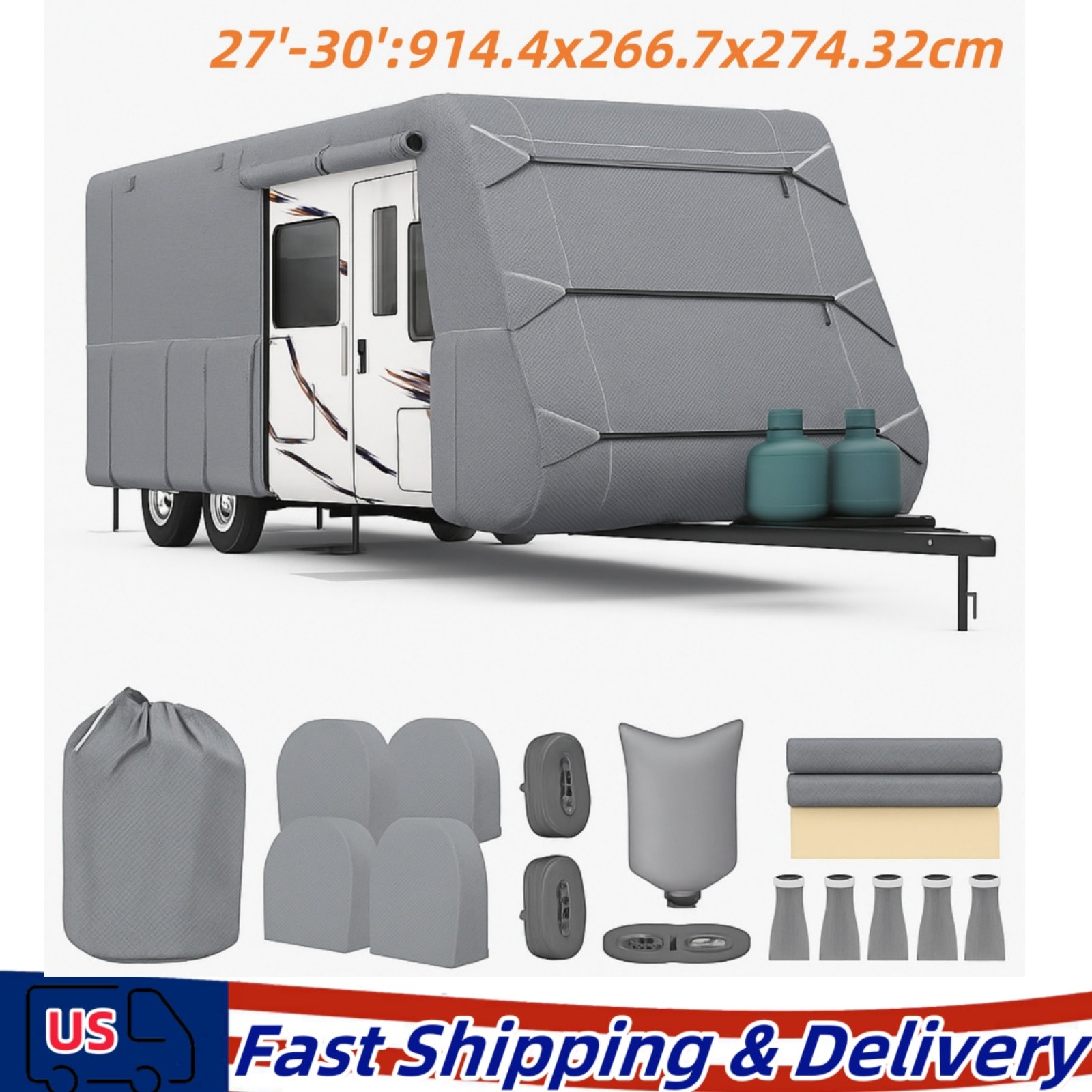 Travel Trailer RV Cover Waterproof Anti-UV Non-Woven Fabric For 27′-30′ Camper
