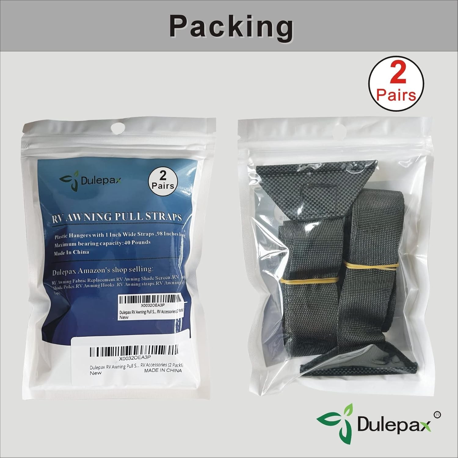 Dulepax RV Awning Pull Straps, 96 Inches Long Straps with 2 Pcs, black