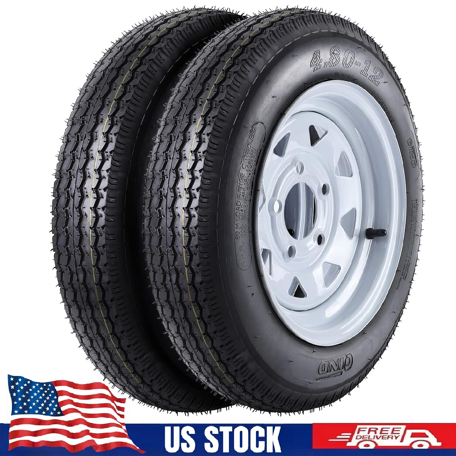 2PC 4.80-12 4.80×12 480-12 Trailer Tires Rims 6 Ply ,5 Lug on 4.5″ Load Range C