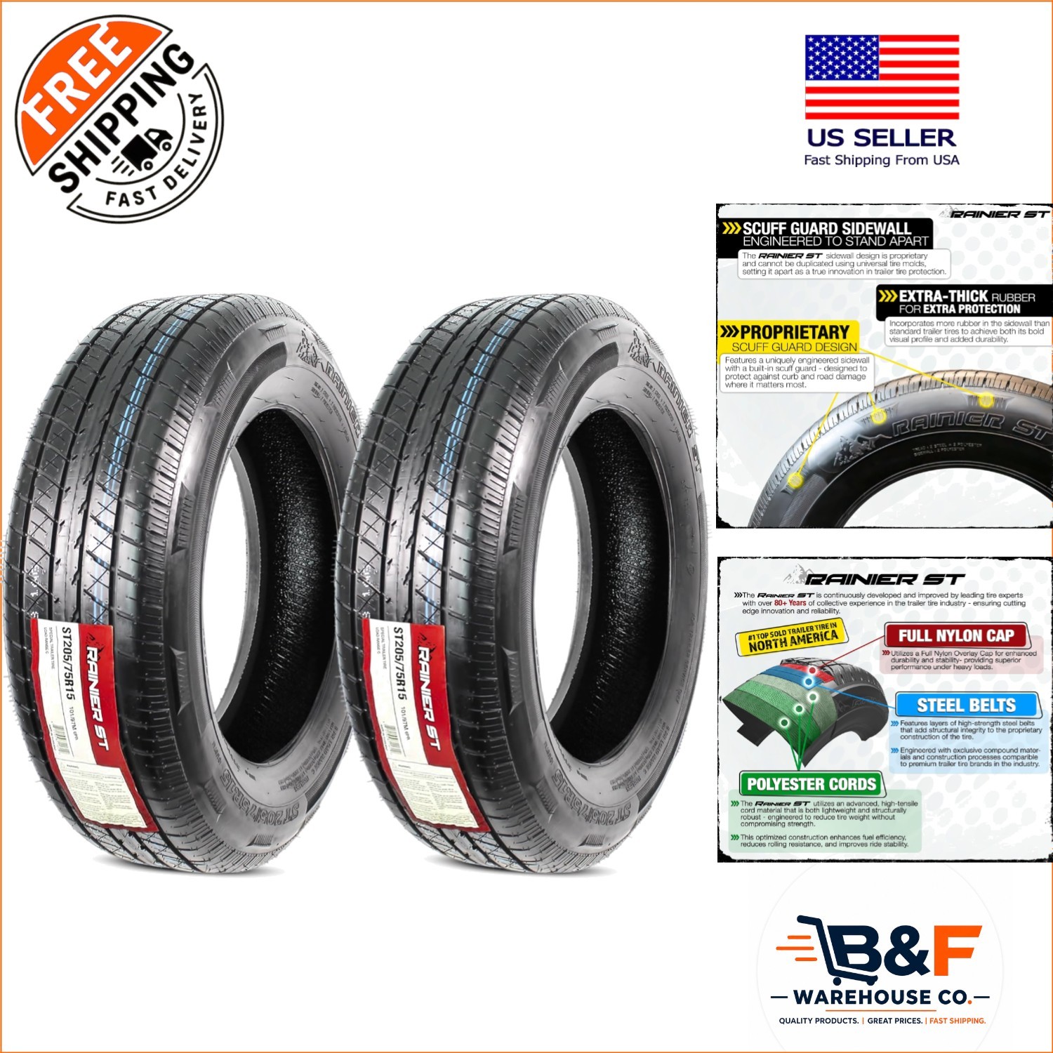 Durable 2-Pack ST205/75R15 Trailer Tires – Curb Guard & 1820 lbs Load Capacity