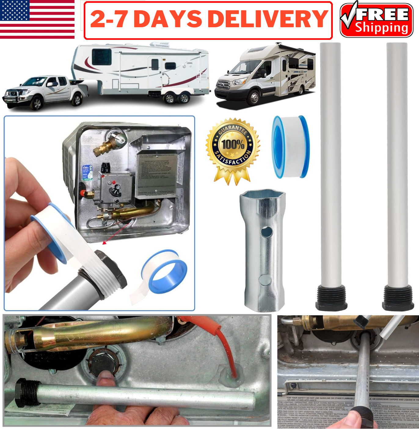 RV Hot Water Tank Heater Anode Rods & Socket for Suburban Mor-Flo Camper Trailer