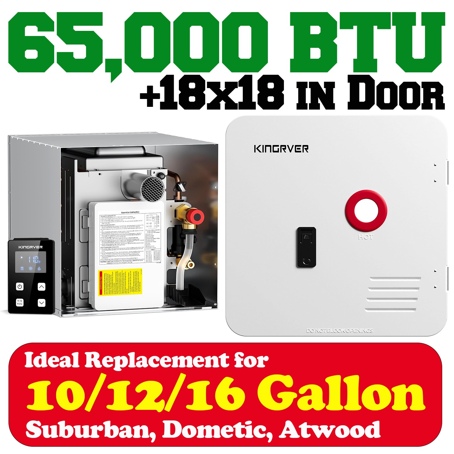 RV Tankless Water Heater 65000BTU Instant Hot w/ 18×18 door Replace 10/12/16 Gal