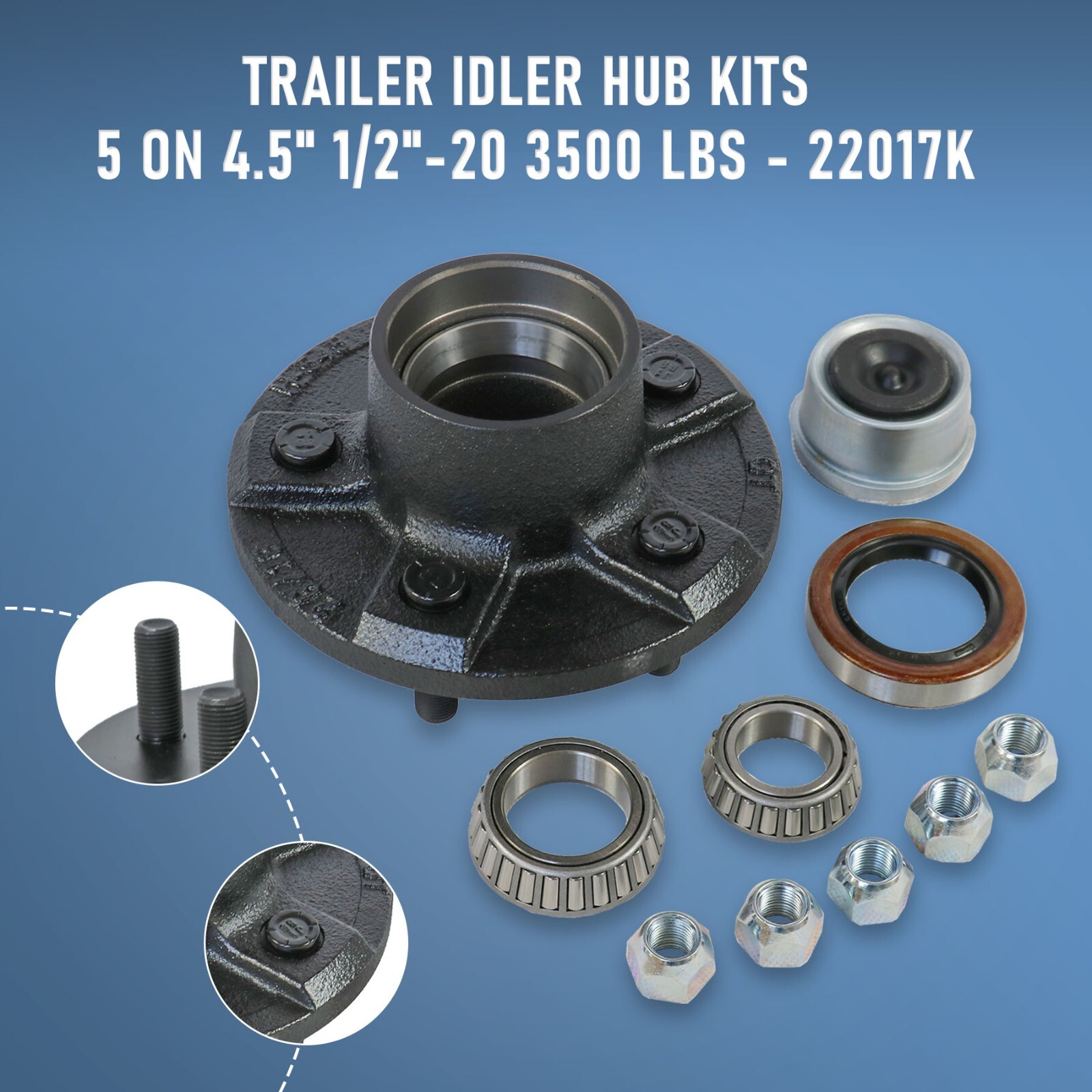 Trailer Idler Hub Kit For 3500 lbs Axle 1/2″-20 Thread With Bearings 5 on 4.5