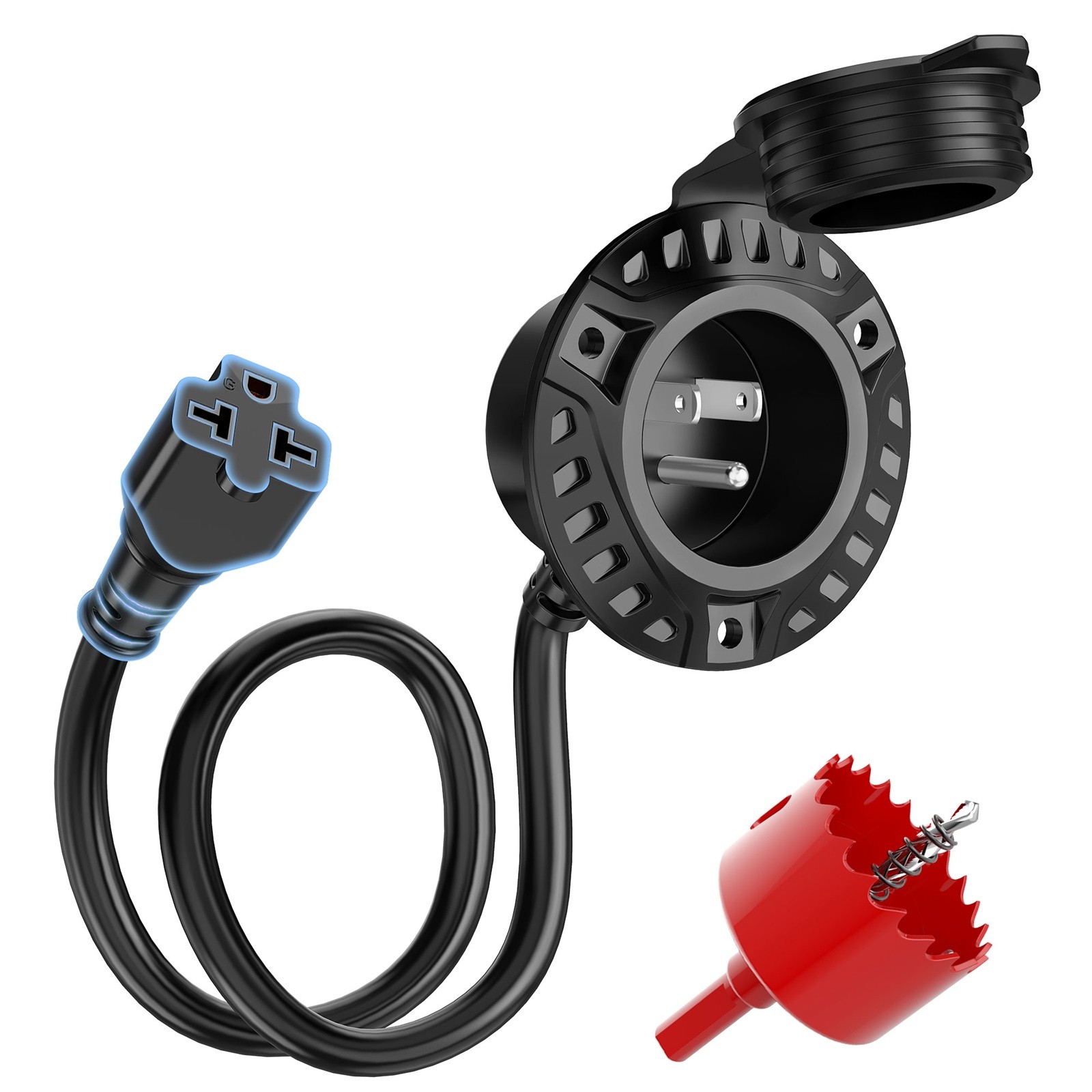 5-in-1 20A 125V AC Port Plug, RV Shore Power Inlet Socket w/18” Extension Cord