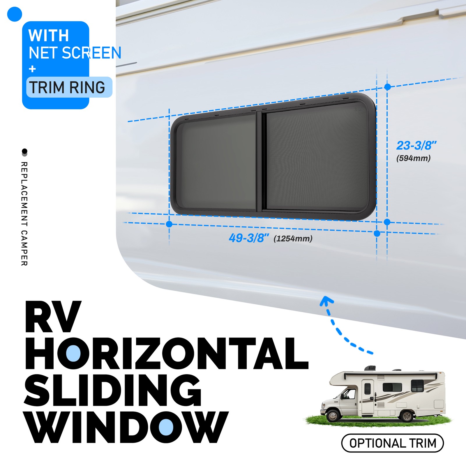 48″ Width X 22″ Height Horizontal Sliding Window W/ Screen For Cargo Trailer RV