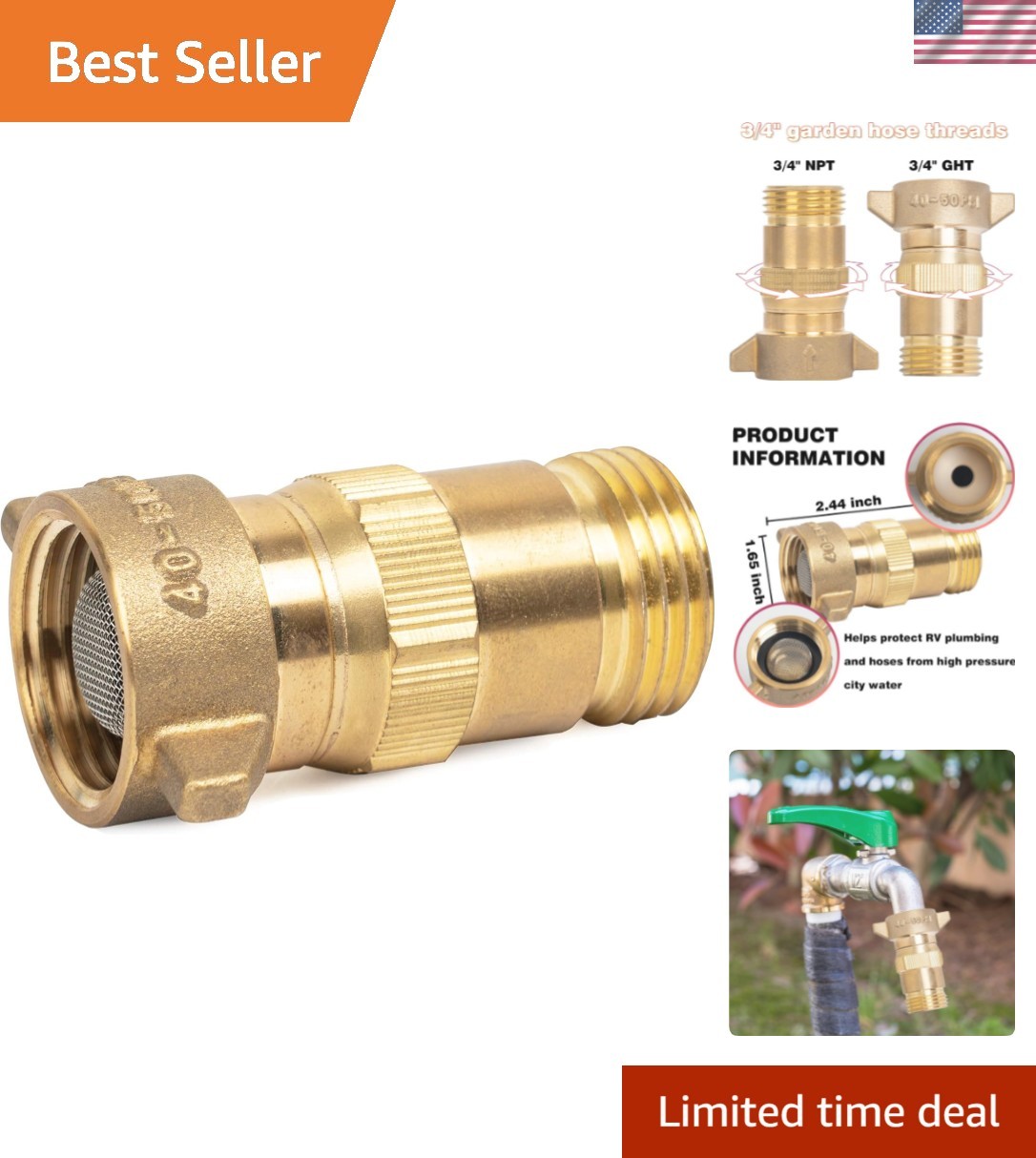 Safe & Effective RV Camping Water Pressure Regulator – Brass Construction