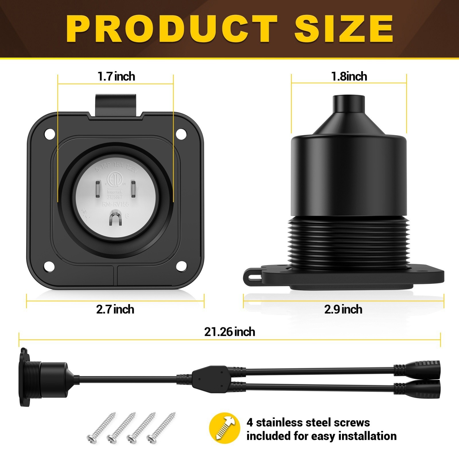 15A 125v AC Port Plug Shore Power Inlet Dual 18″ Extension Cord Y Splitter Cable