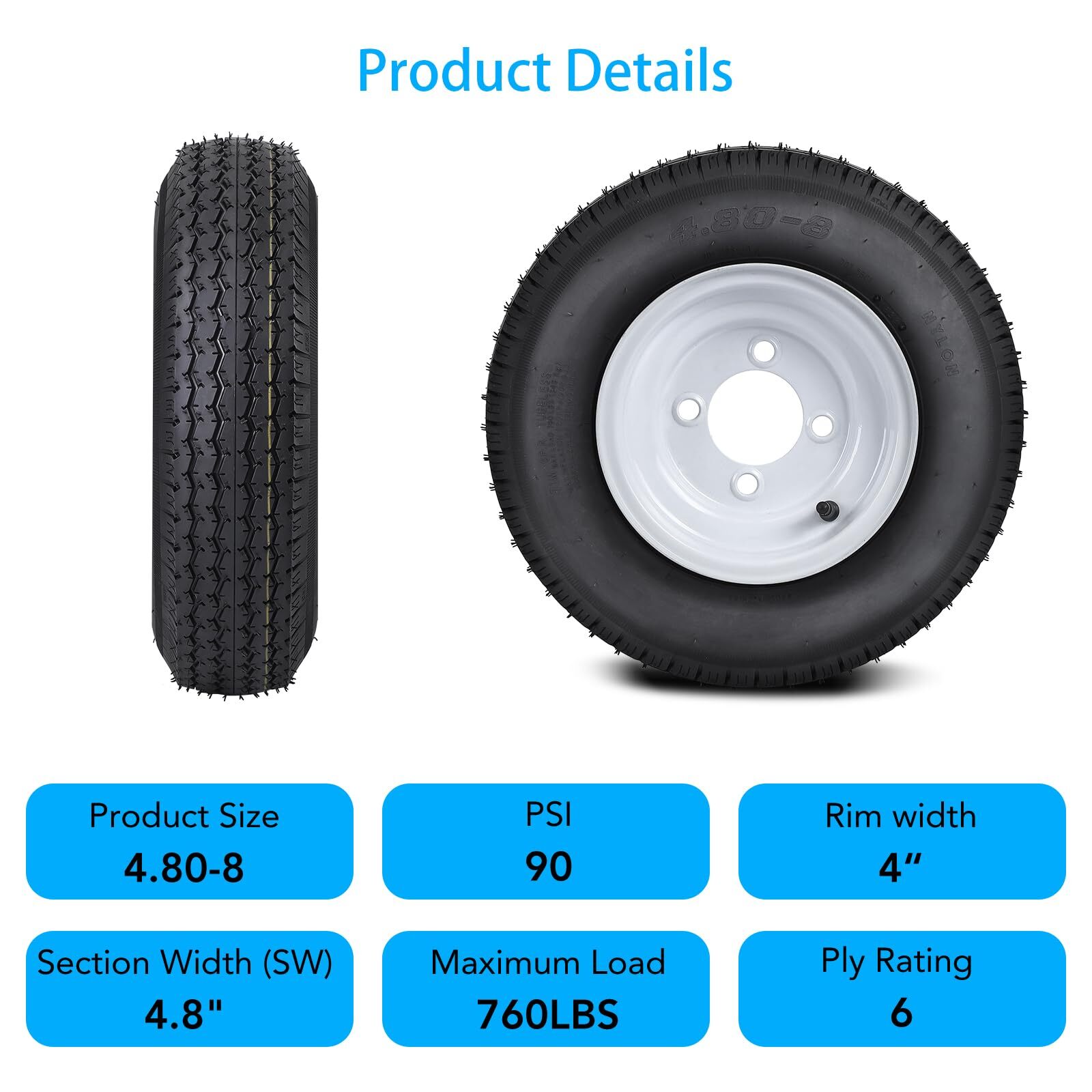 2 Set Trailer Tires 4.80-8 4.80×8 480-8 6PR 4 Lug Load Range C Tire with 8″ Rims
