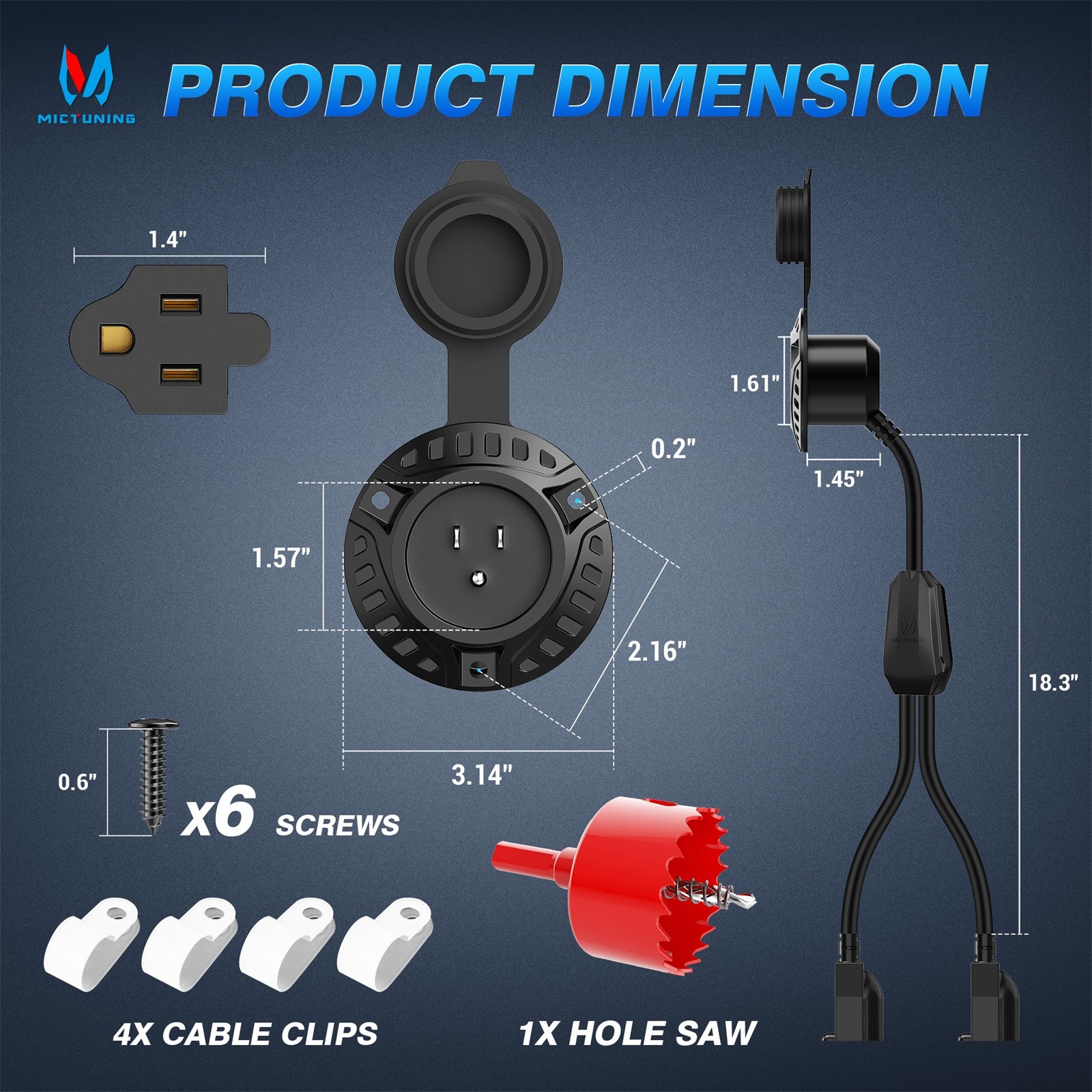 15AMP 125V AC Port Plug RV Shore Inlet Electrical Receptacle Dual 20” Extension