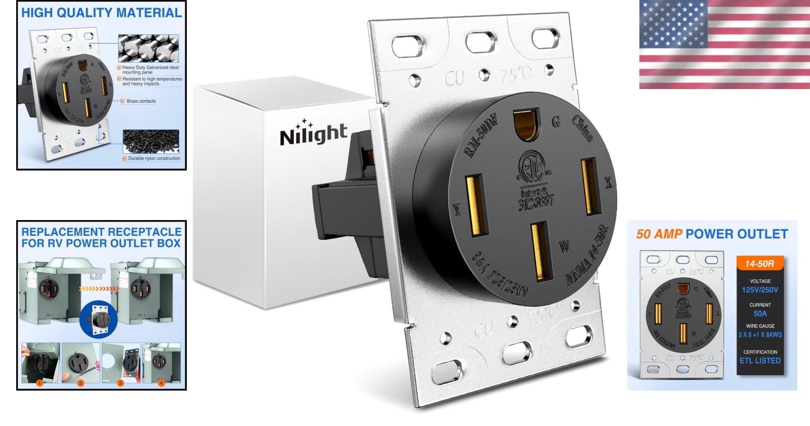 Nilight 50AMP RV Power Outlet 125/250V NEMA 14-50R Heavy Duty RV Receptacle