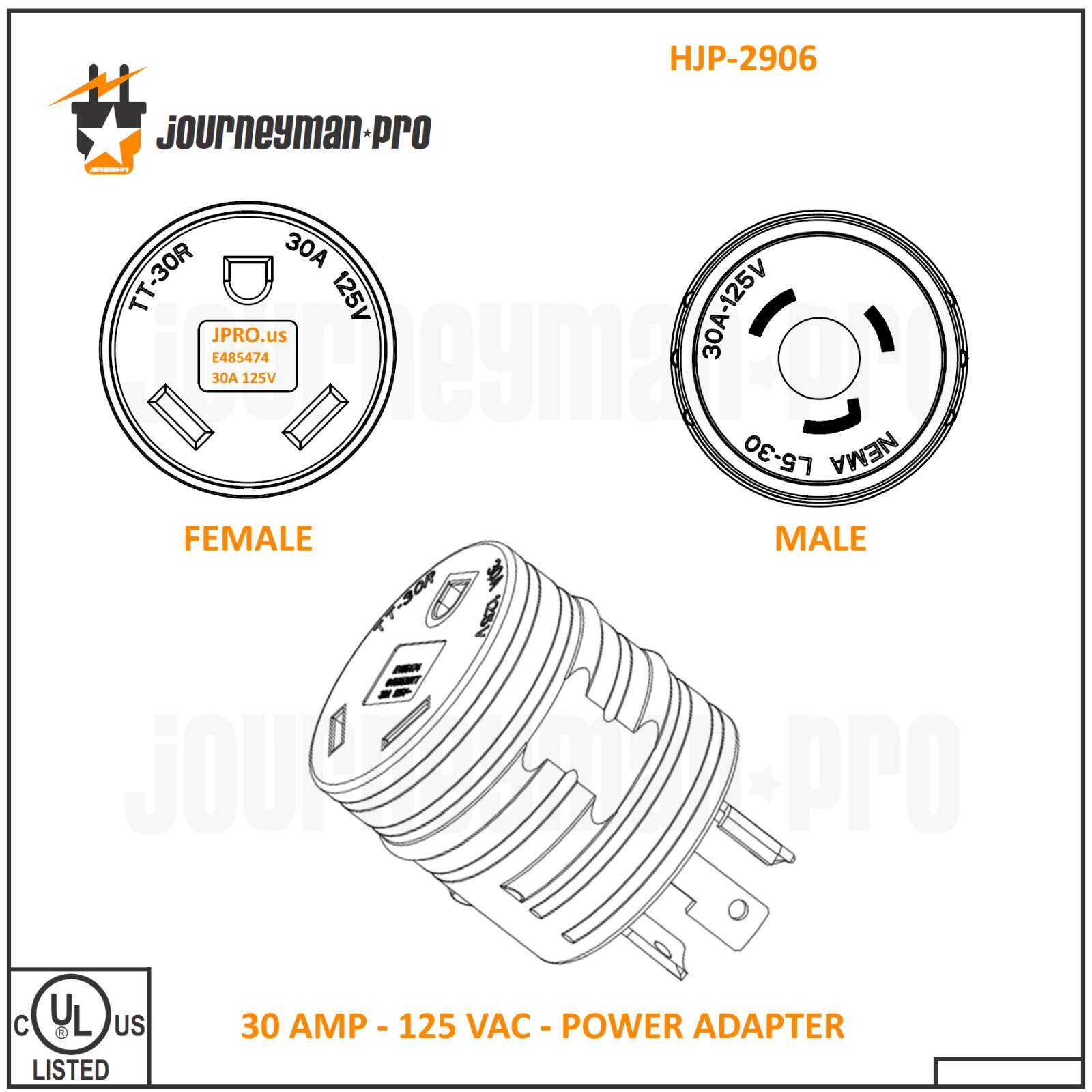 30A Generator RV Power Adapter L5-30P Male to TT-30R Female 125 Volt 30 Amp 120