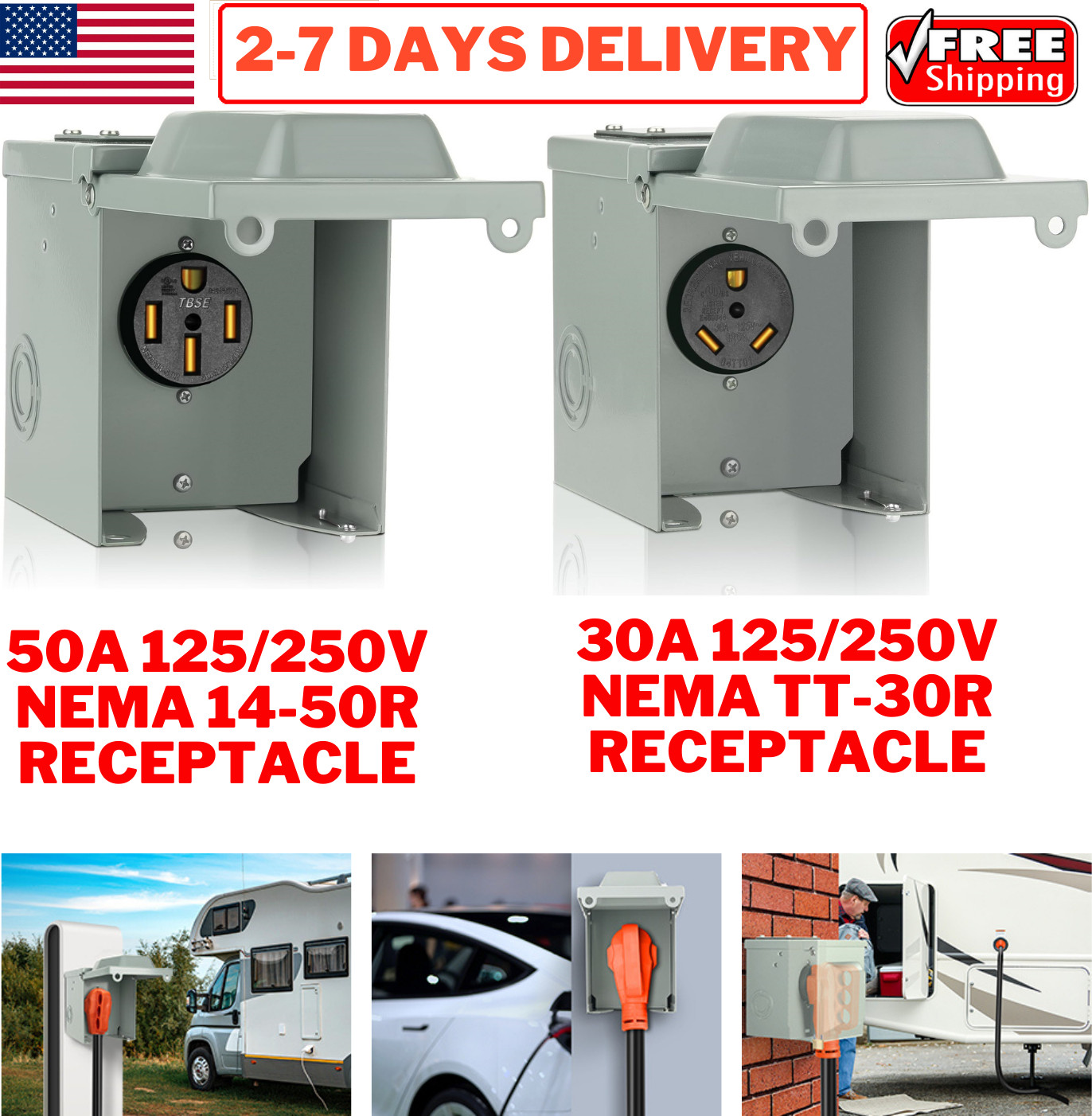 RV Power Outlet Box 50Amp 30A 125/250V Electrical Outdoor Receptacle Camper Plug