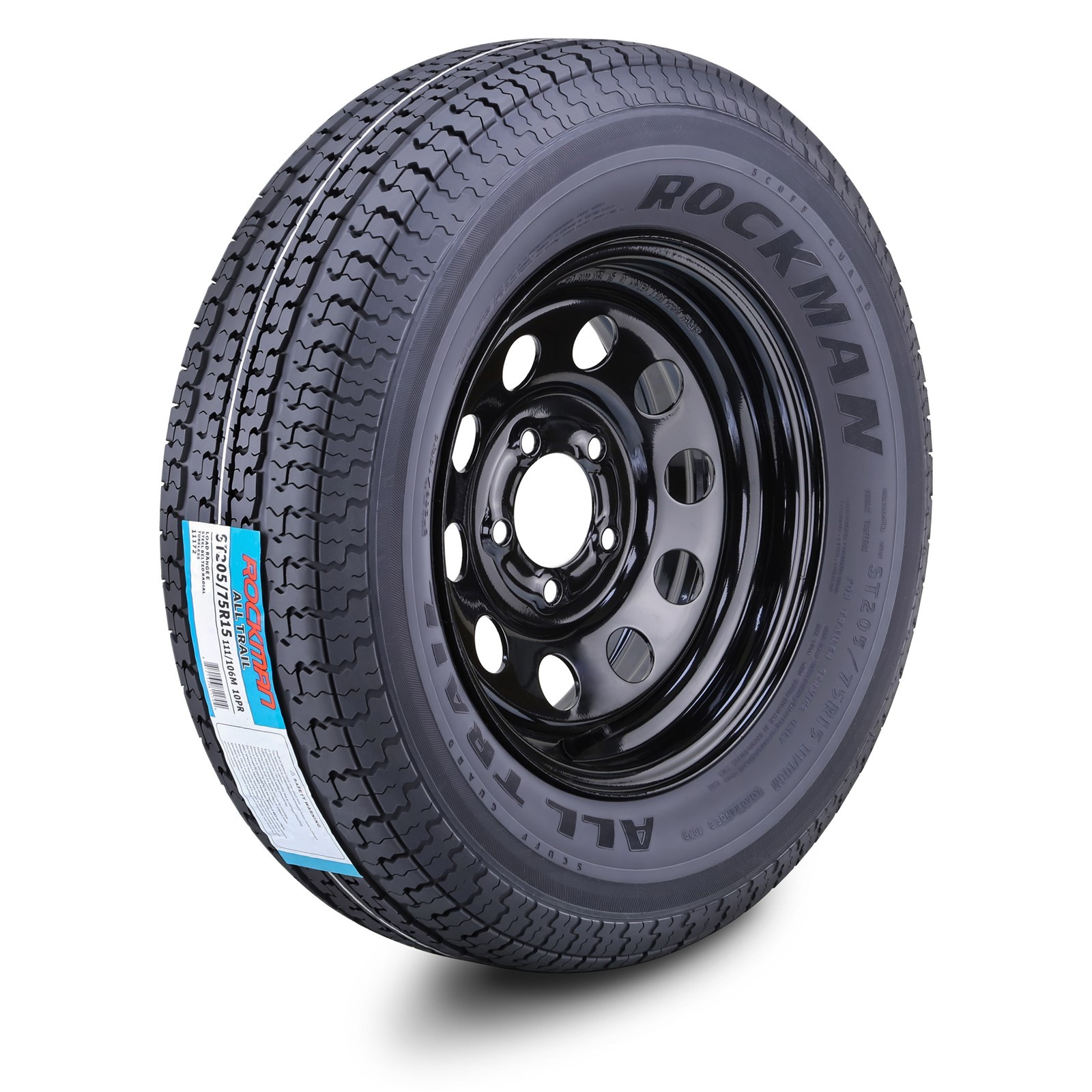 ROCKMAN Trailer Tire Wheel ST205/75R15 10-Ply E HD 2400lbs w/5×5 Black Mod Rim