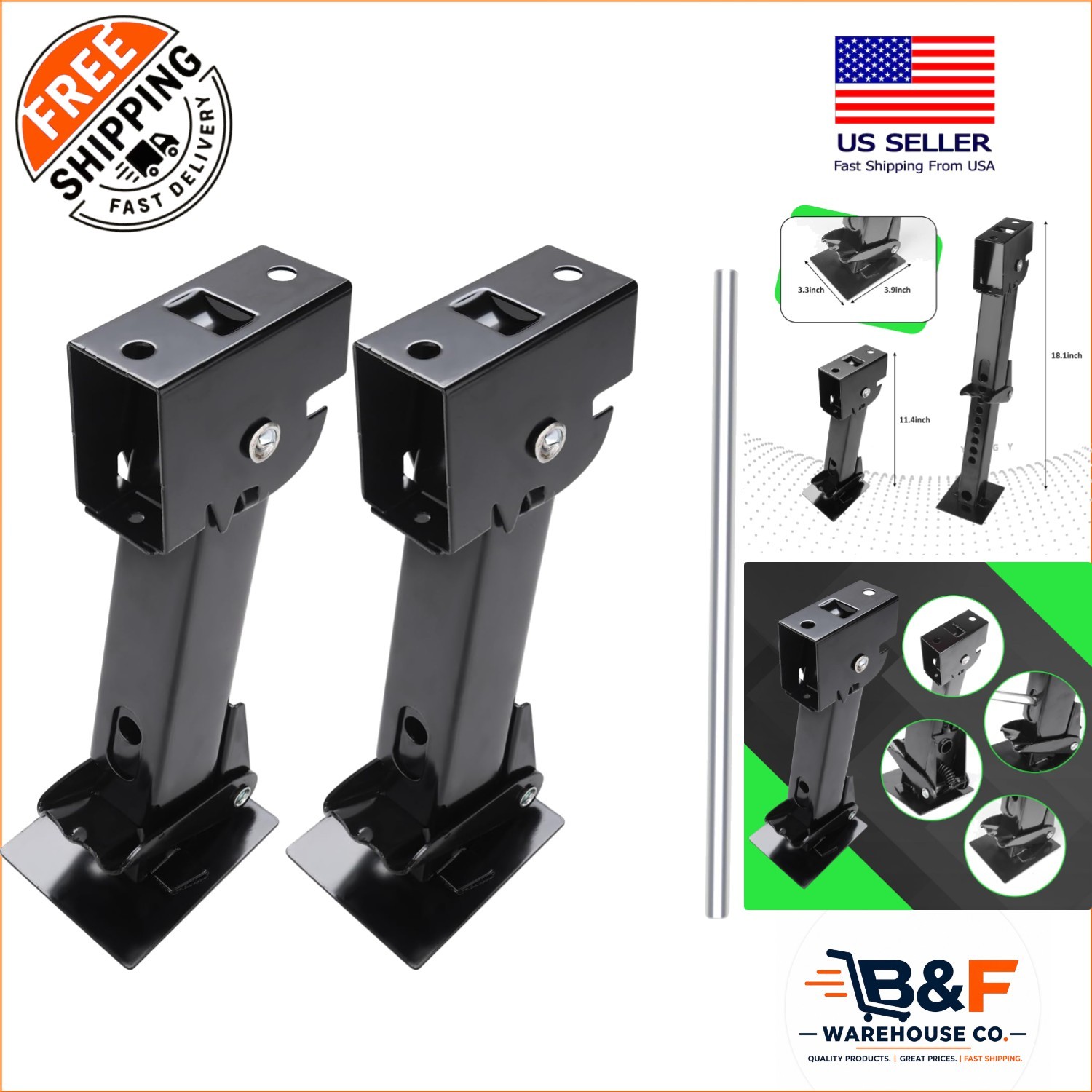 Efficient RV Stabilizer Jacks Set – 1000 lbs Each, Telescoping Design for Travel