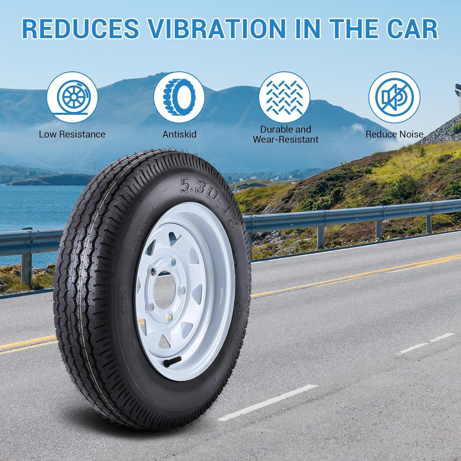 2 PCS 5.30-12 Trailer Tires with 12” Rims 530-12 5.30×12 5 Lug Load Range C 6PR