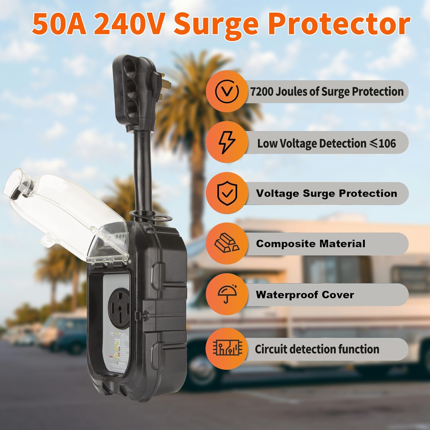 ADSAFE RV Surge Protector 50 Amp with Waterproof Cover and Grip Handles
